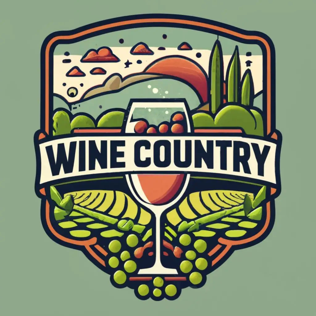 aesthetic emblem, wine glass full of wine and grape field, Emphasize a futuristic vibe with modern stylish typography. Create a versatile insignia suitable for retail use, reflecting the essence of wine country culture. photorealistic, patch, logo, wine glass grapes, grape field, with the text "Wine Country Warehouse", typography, be used in Retail industry 
