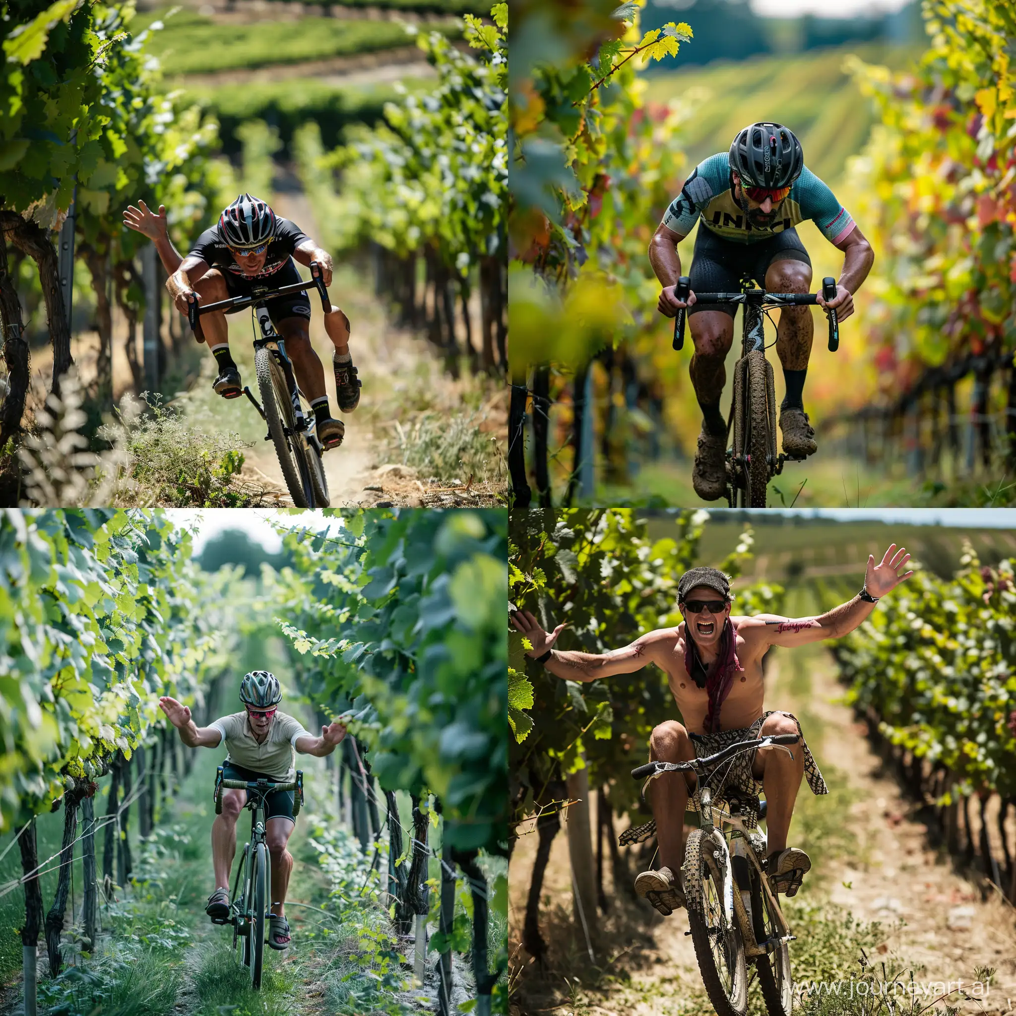 A cyclist rides through a vineyard without holding on to the handlebars, his hands and feet are up