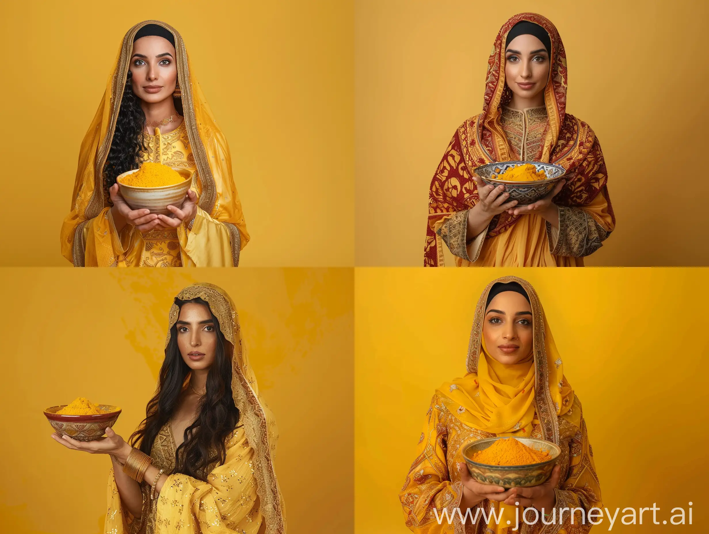 Studio shot against a rich yellow background of a woman in Arabic dress holding a bowl of turmeric