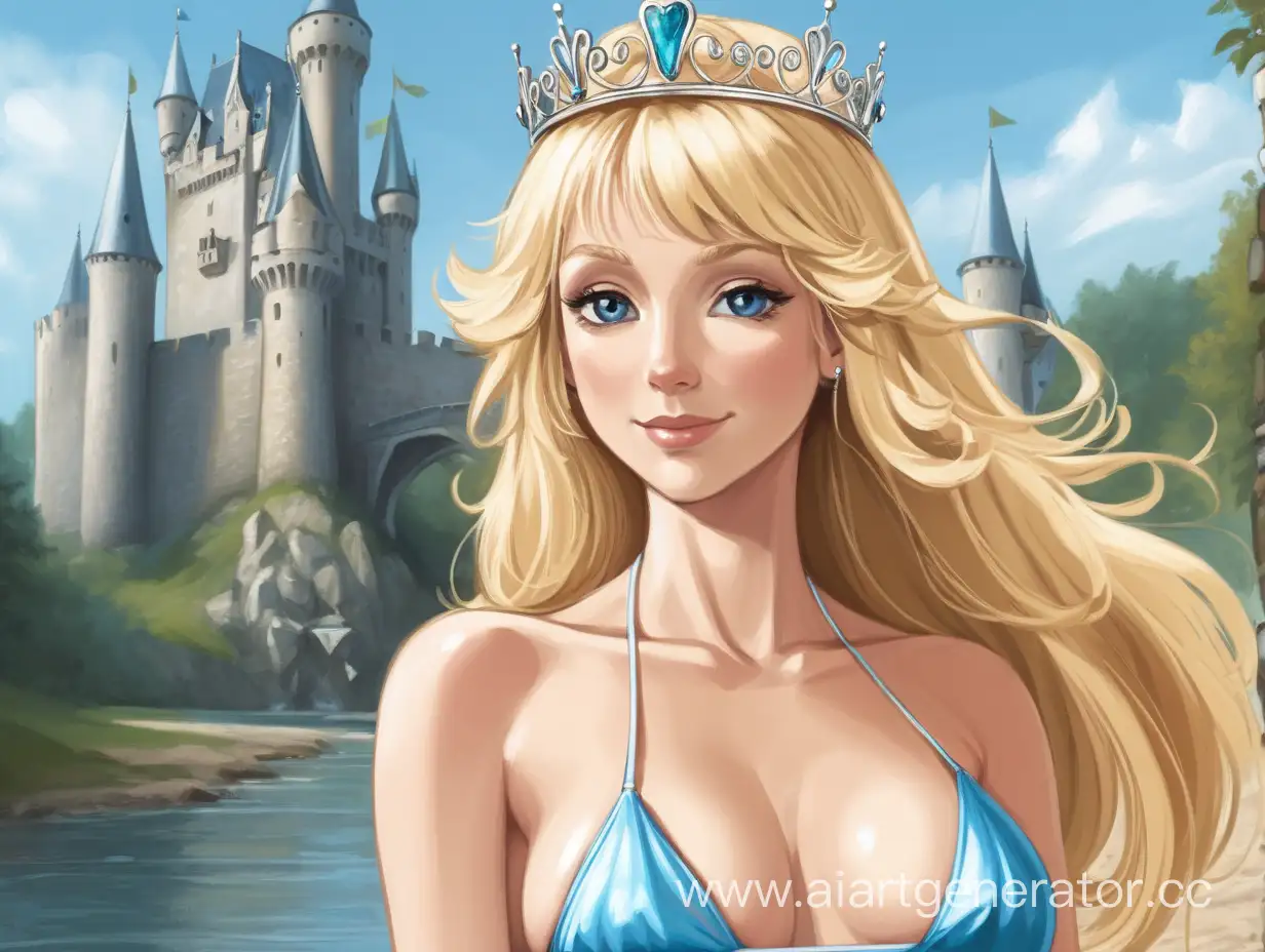 beautiful blonde princess wearing a tierra in a bikini in the middle age half a mile from a castle