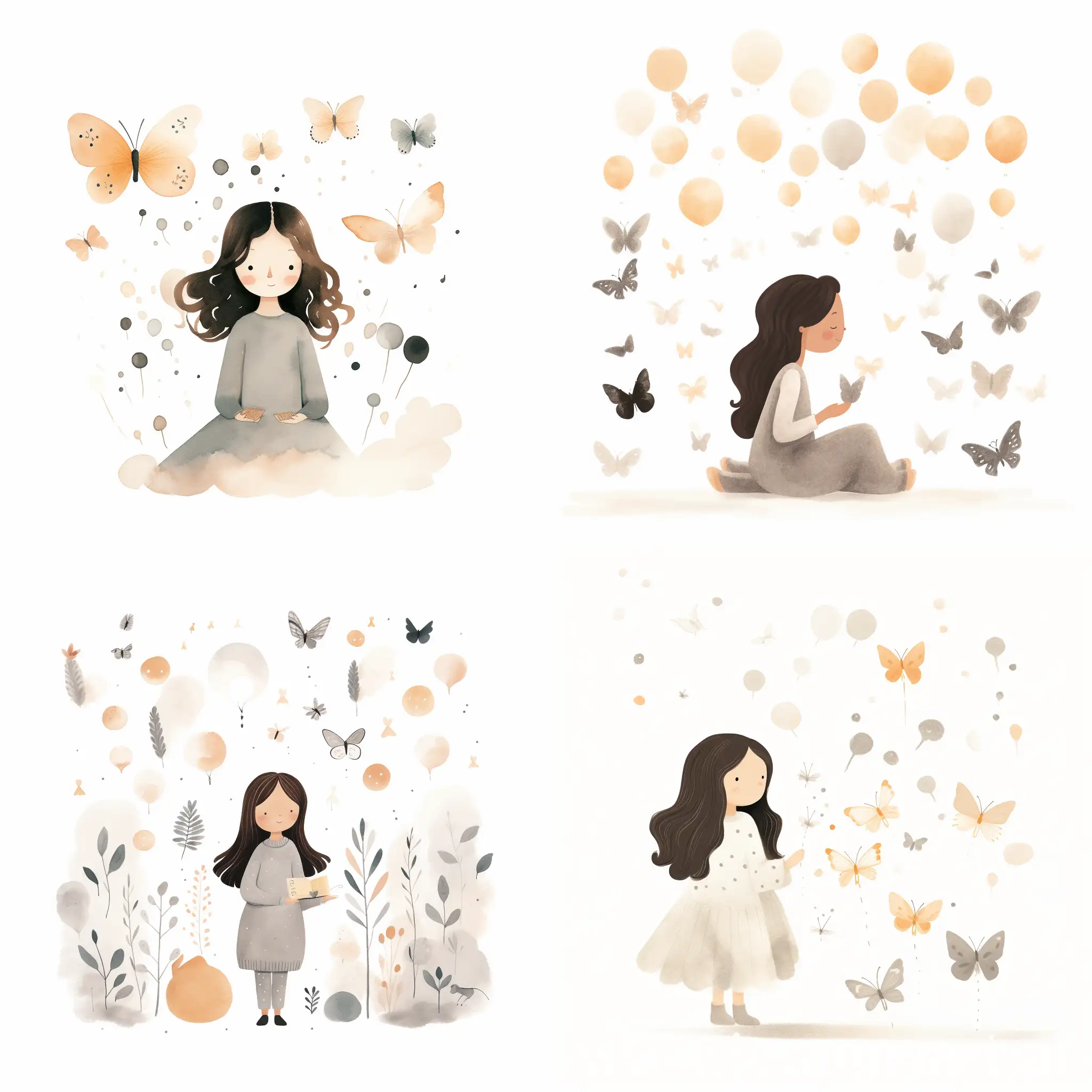 A soft whimsical illustration of a cute girl blowing bubbles, surrounded by butterflies, in the style of Jon Klassen, modern children\s books, simplified shapes, airy pastel color palette, warmth and comfort, white background --s 110 --v 5.2