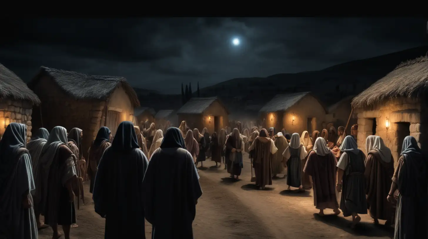 Ancient Biblical Village Gathering with Jesus Followers on a Dark Black Background