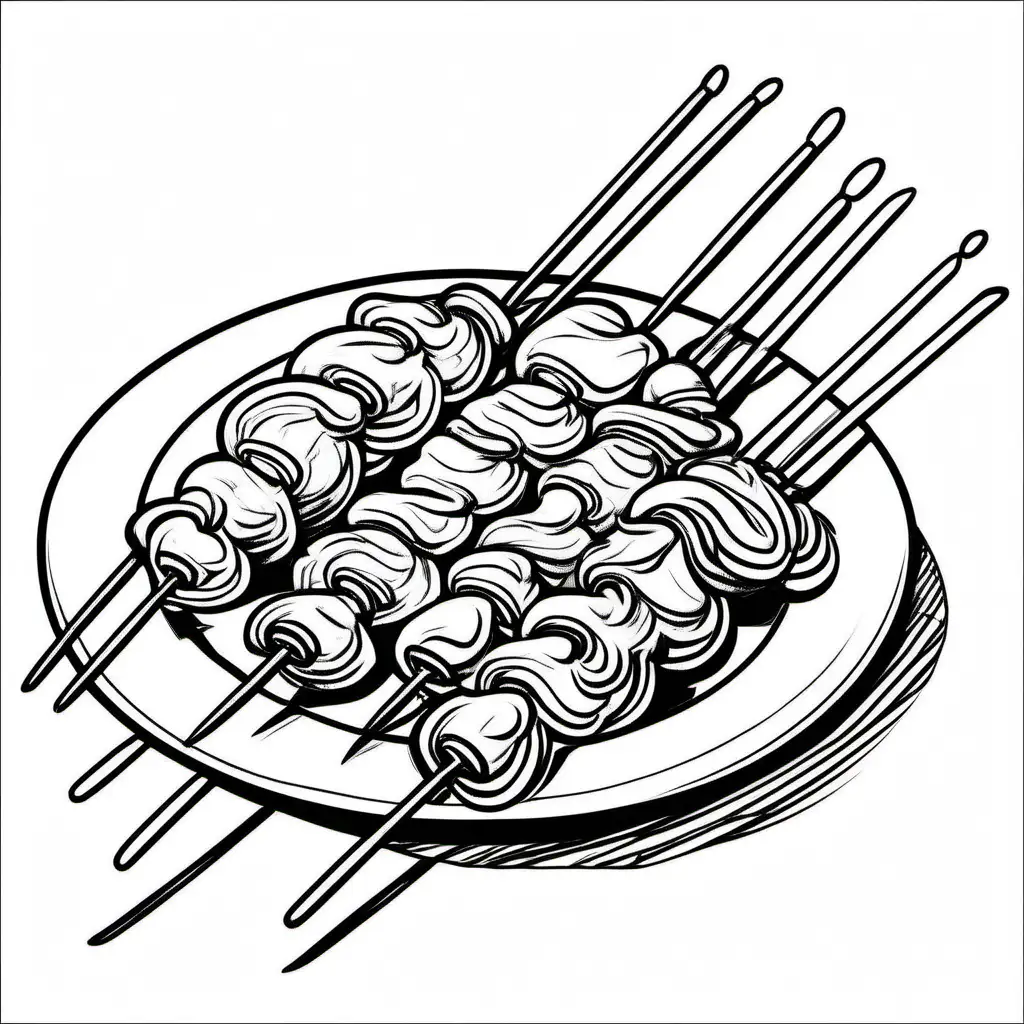 Create a bold and clean line drawing  a food Chicken Skewers. without any background, Coloring Page, black and white, line art, white background, Simplicity, Ample White Space. The background of the coloring page is plain white to make it easy for young children to color within the lines. The outlines of all the subjects are easy to distinguish, making it simple for kids to color without too much difficulty