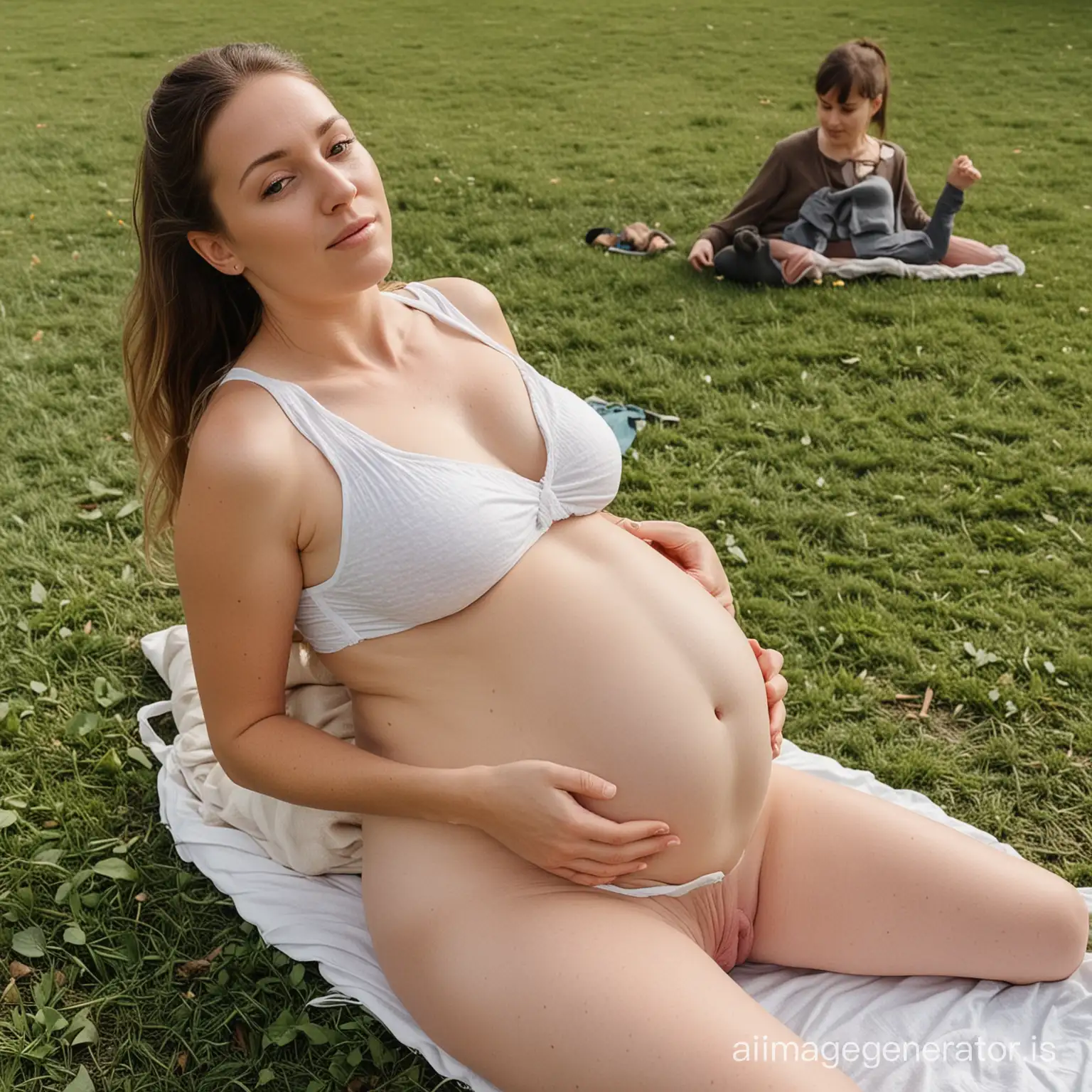 a pregnant woman giving birth and the camera at the bottom of the woman and the baby head is almost out and is giving birth in a park