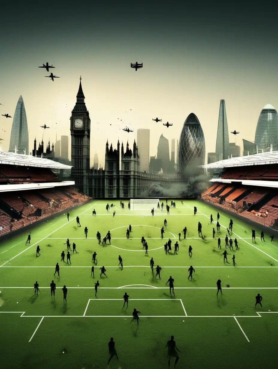 london skyline on a soccer pitch, depicted as a war scene, digital art

