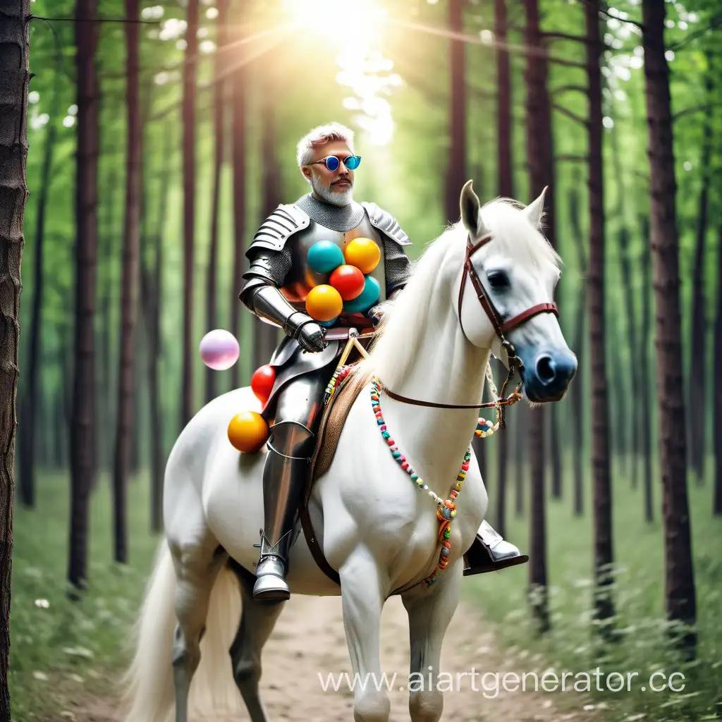 рацарь в крутых очках на белом коне в руке на веревочке над собой держит три разноцветных шарика, едет по летнему лесу