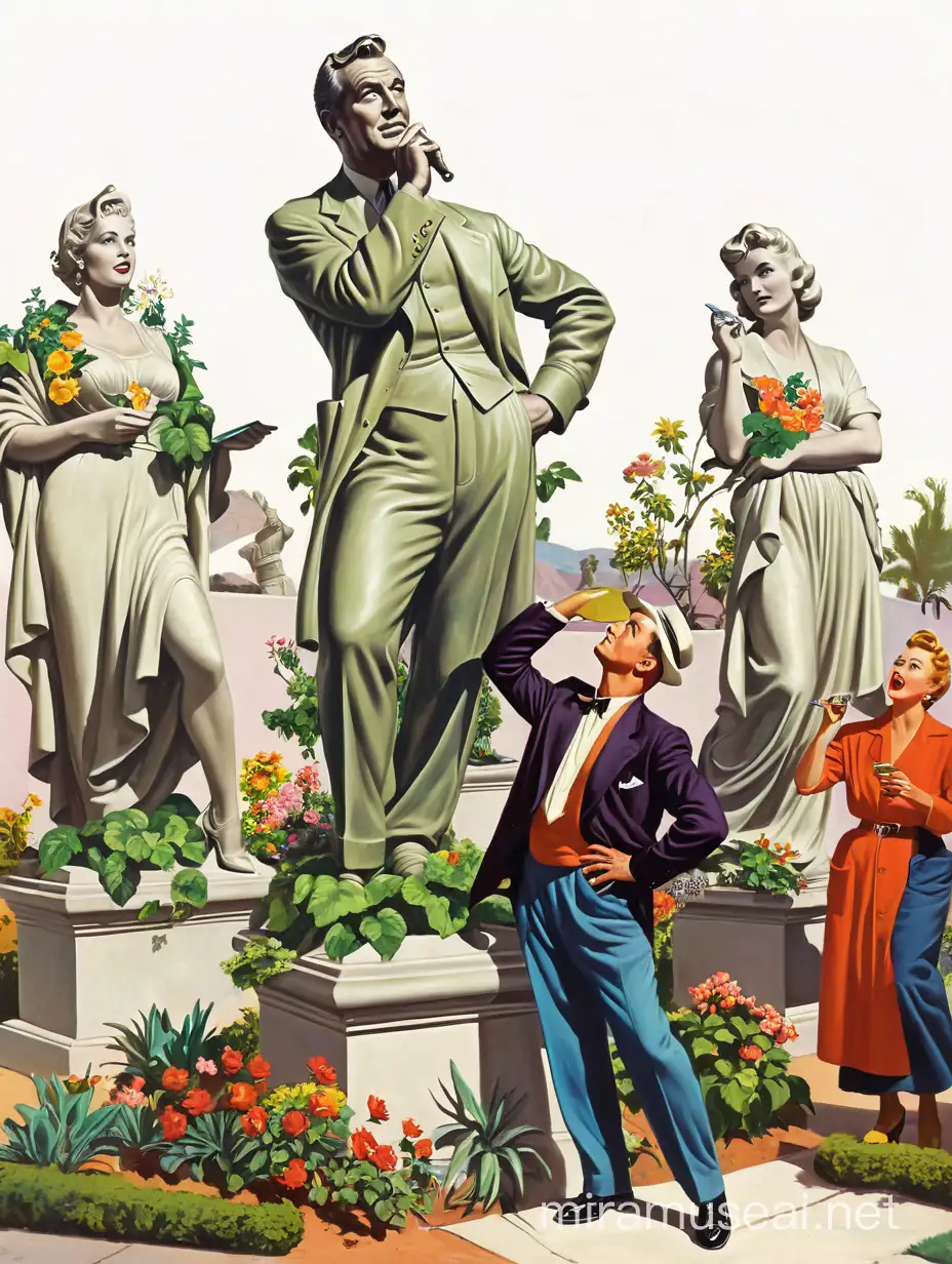 Statues of vain famous people posing in a haughty manner. A stupid looking vagrant is looking up at the statues in admiration. The statues are overgrown with climbing plants and flowers in a strange landscape. Paint them in the dramatic style of 1950s vintage illustrations. Paint them in the flat colorful style of Gil Elvgren and other colorful artists of the 1950s. 