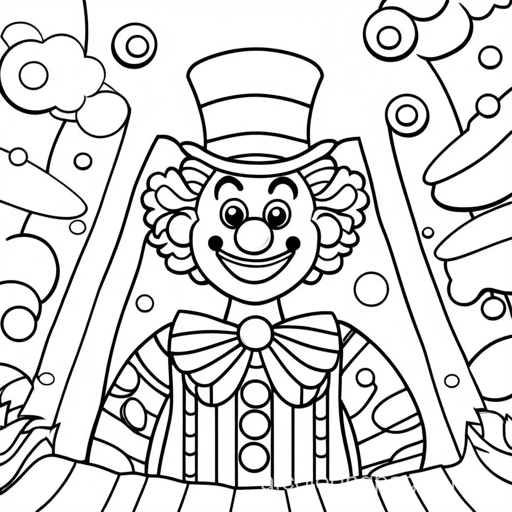 silly clown, Coloring Page, black and white, line art, white background, Simplicity, Ample White Space. The background of the coloring page is plain white to make it easy for young children to color within the lines. The outlines of all the subjects are easy to distinguish, making it simple for kids to color without too much difficulty