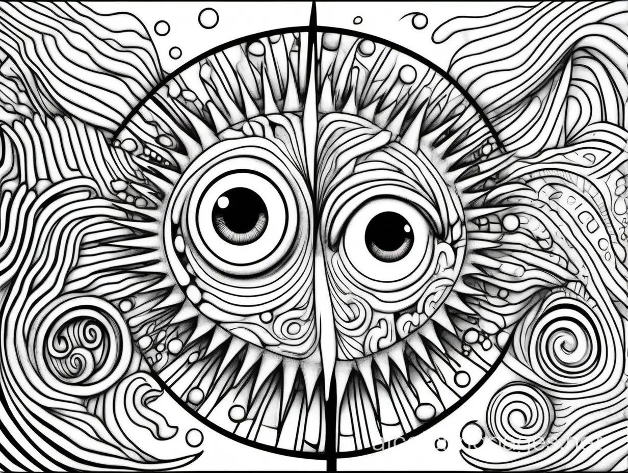 draw random psydelic doodles with eyes, etc, Coloring Page, black and white, line art, white background, Simplicity, Ample White Space. The background of the coloring page is plain white to make it easy for young children to color within the lines. The outlines of all the subjects are easy to distinguish, making it simple for kids to color without too much difficulty