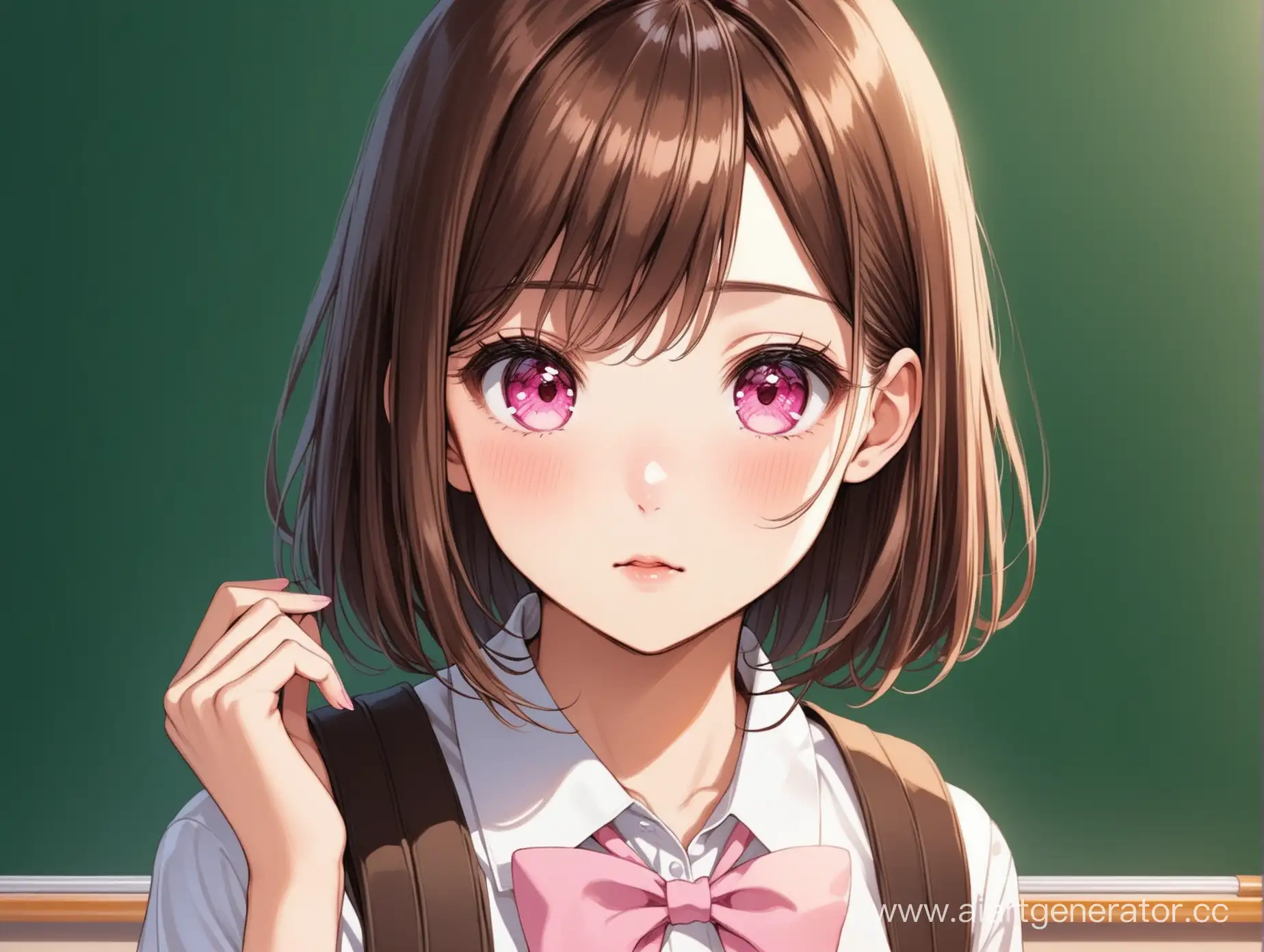 school girl brown hair, pink eyes