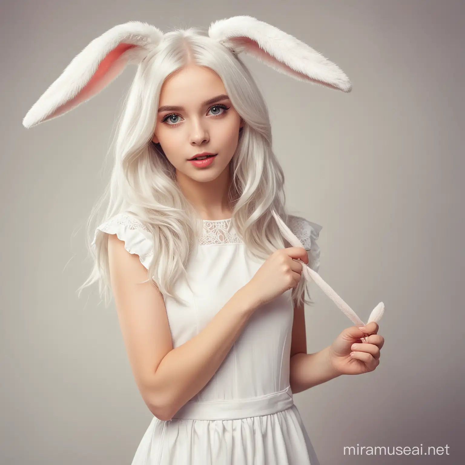 White haired girl with bunny ears, white dress. Fantasy style.