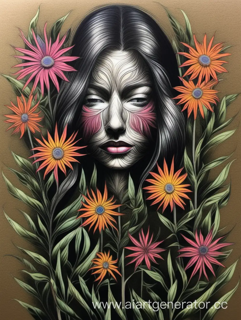 woman without eyes, modern ornamental wild flowers, muiti colored pencil, high bright, chiaroscuro, dark background