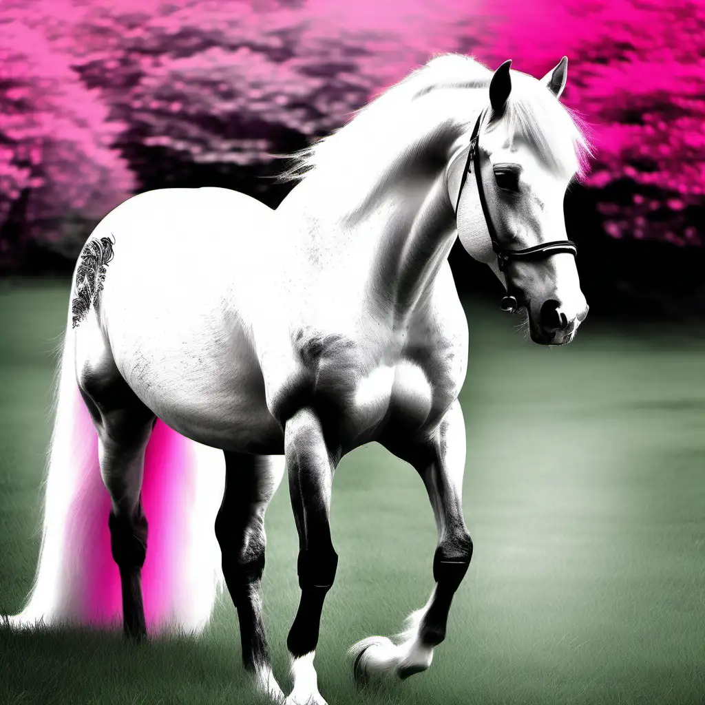 A beautiful white fantasy horse mounting, black and white photography, very green grass and pink and white in the background, artistic expression, art photography 