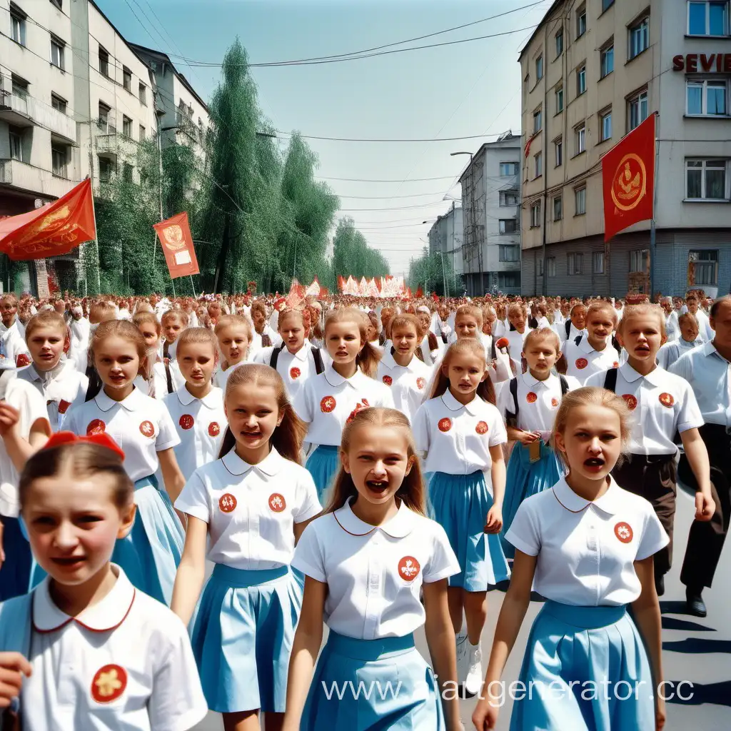 Праздник. Современный Светлый, солнечный, цветущий советский район. Всё украшено множеством лозунгов и транспарантов. По всей улице идут пионеры в белых рубашках и светло-голубых юбках. Впереди несколько активистов сопровождают одну девочку 10 лет, беседуют. Вид снизу, издали. В полный рост.