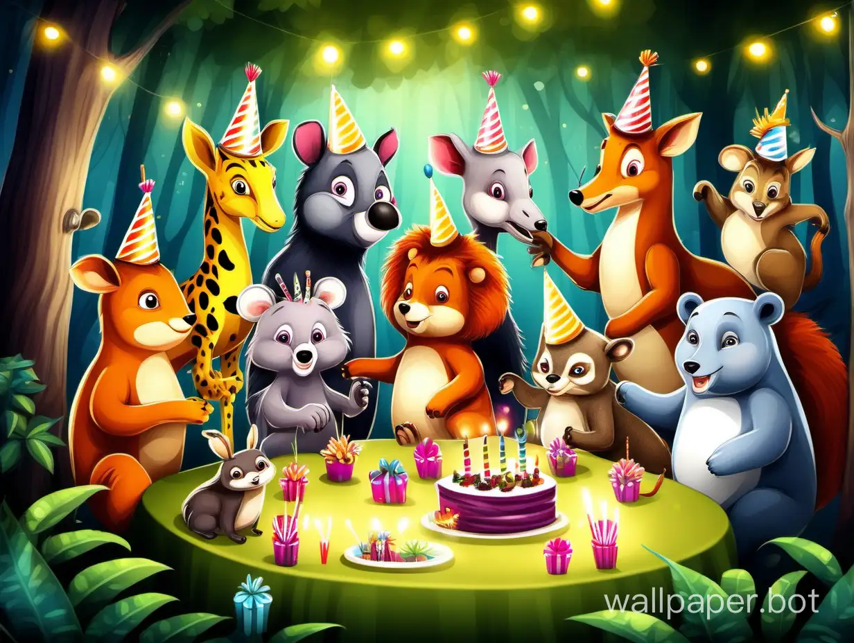Animals celebrating a birthday. There is lots of different animals. They are having a party. The party is in a magic forrest. In a realistic style.