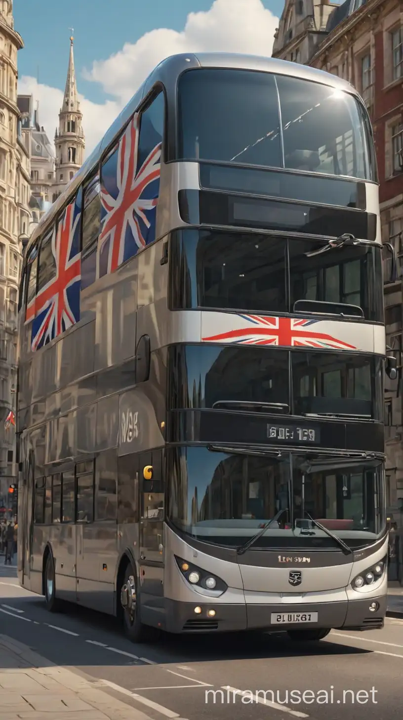 Buatkan gambar animasi, bus mewah, dengan tema keseluruhan bagian bus mewah bertema bendera inggris, latar belakang perkotaan, fulbody, wide,4k