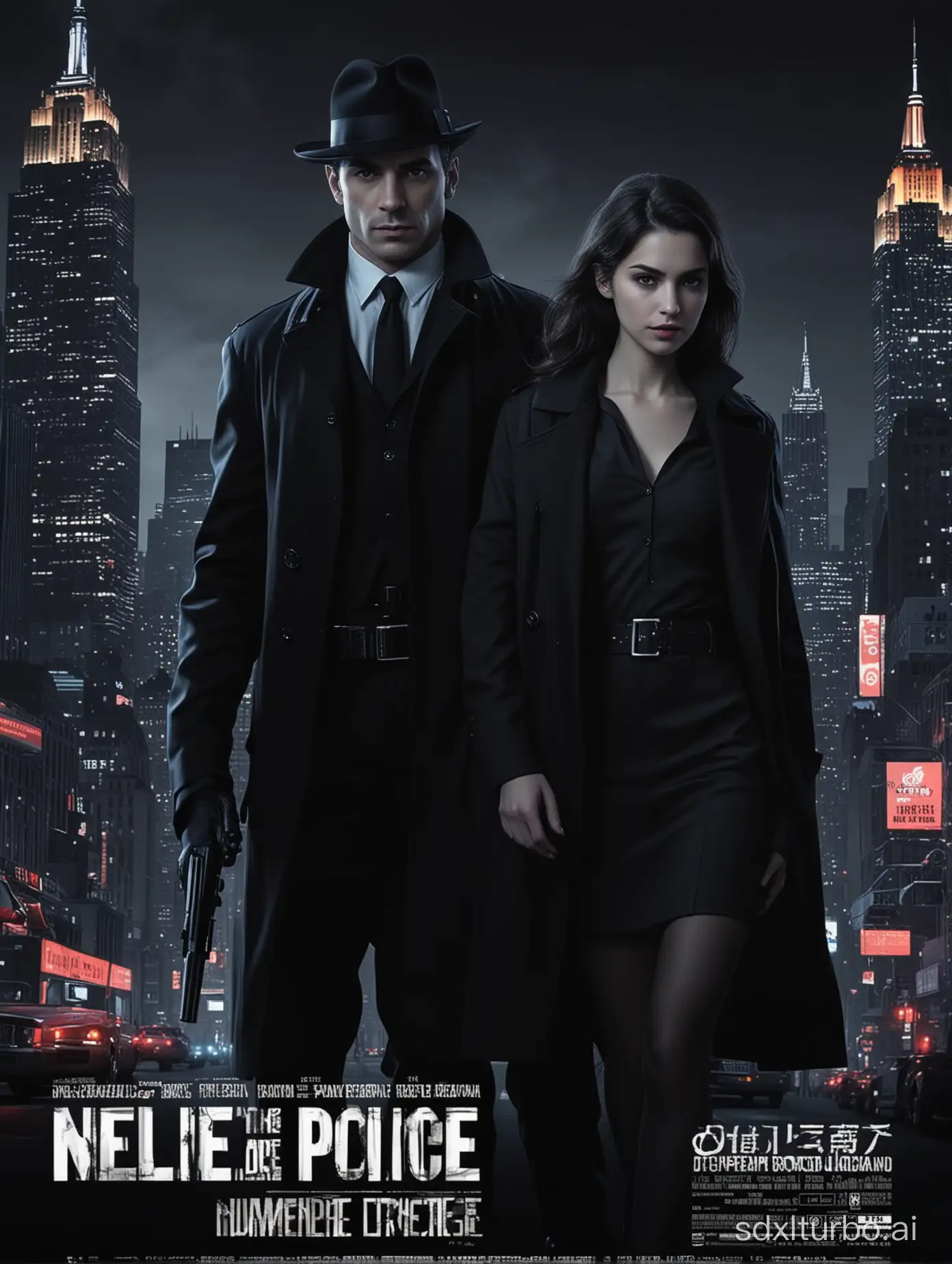 Movie poster, features a modern male police detective and a young vampire woman, a modern New York background with a lot of black color, in the style of Saul Bass, 4k, CGI, detailed 9:16