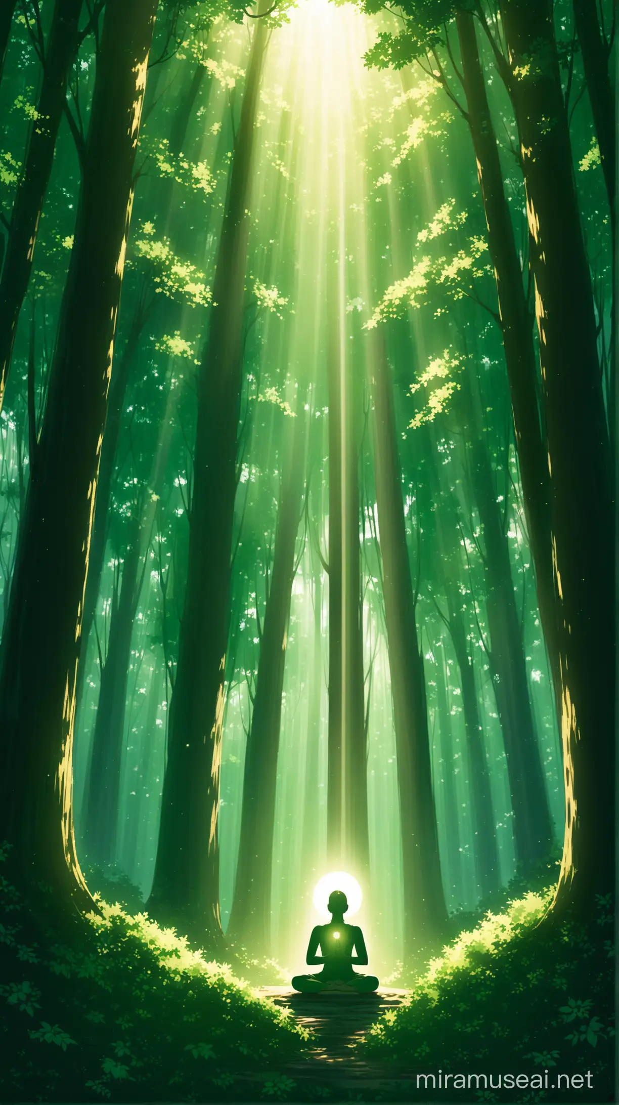 a person meditating in the deep forest with dence trees, shurbs and sun light entering into it through dark green gaps