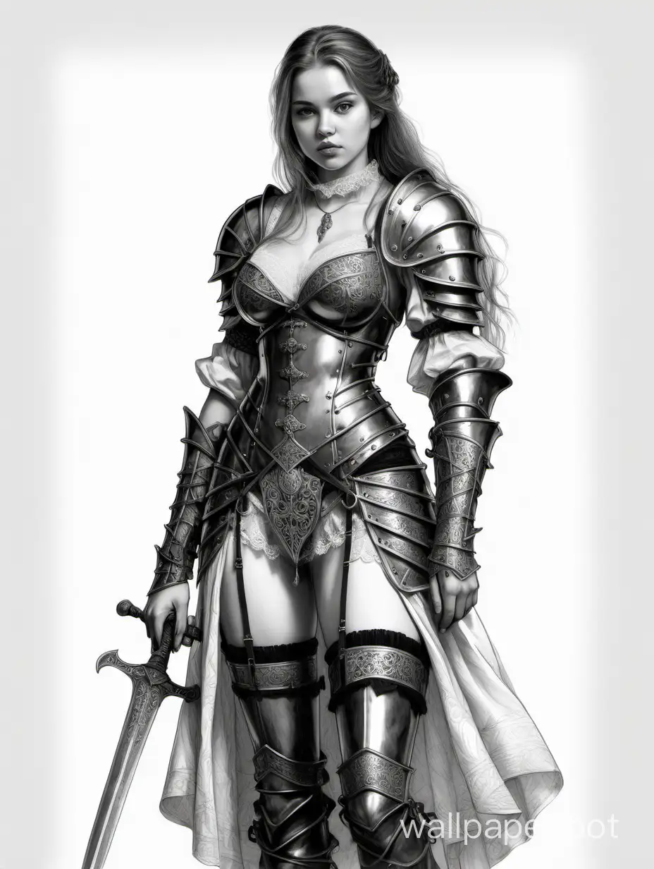 Mikhalya Olshanskaya, Medieval young girl with a huge chest warrior princess 20 years old in full height strong, D&D character, leather lace armor with a deep neckline, stockings with garters, black and white sketch, high detail, white background, photo in 3/4 height, nude art style