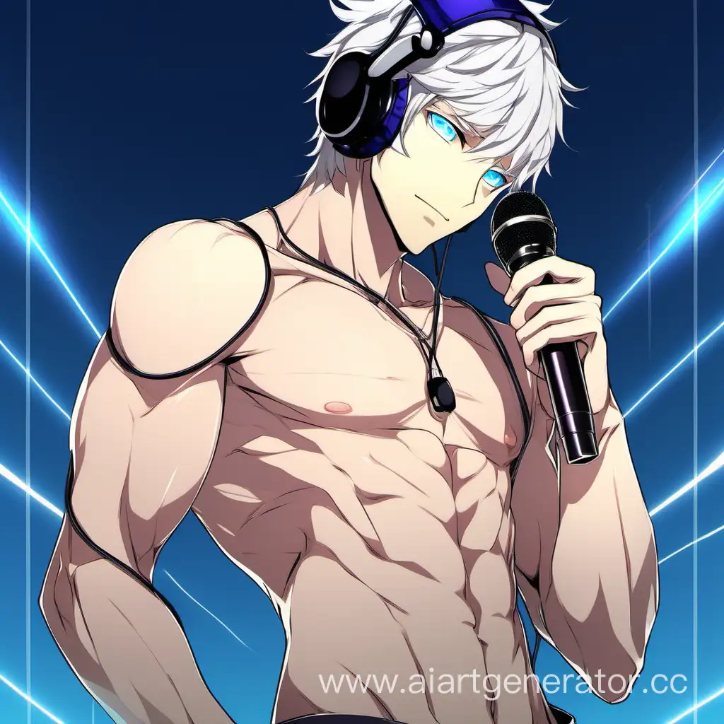 a man in a idol outfit holding a microphone, [ adamantly defined abs ]!!, [ rigidly defined abs ]!!,  tinyest midriff ever, open v chest clothes,black hair,teenage,student 17 year old,idol face,headphone,webtoon ,male anime characters,white hair ,blue eyes,
