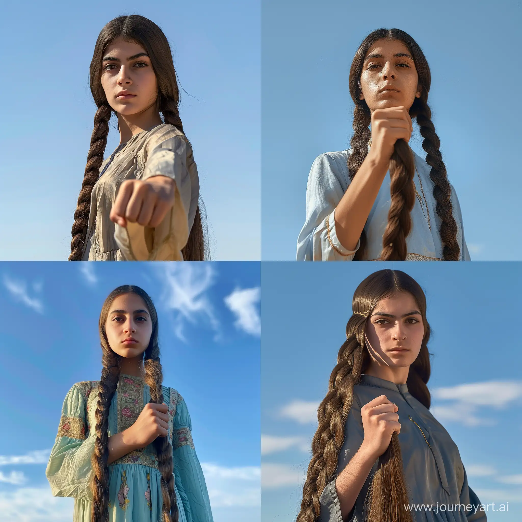 A 20-year-old Iranian girl with very long hair braided like a fist, blue sky background