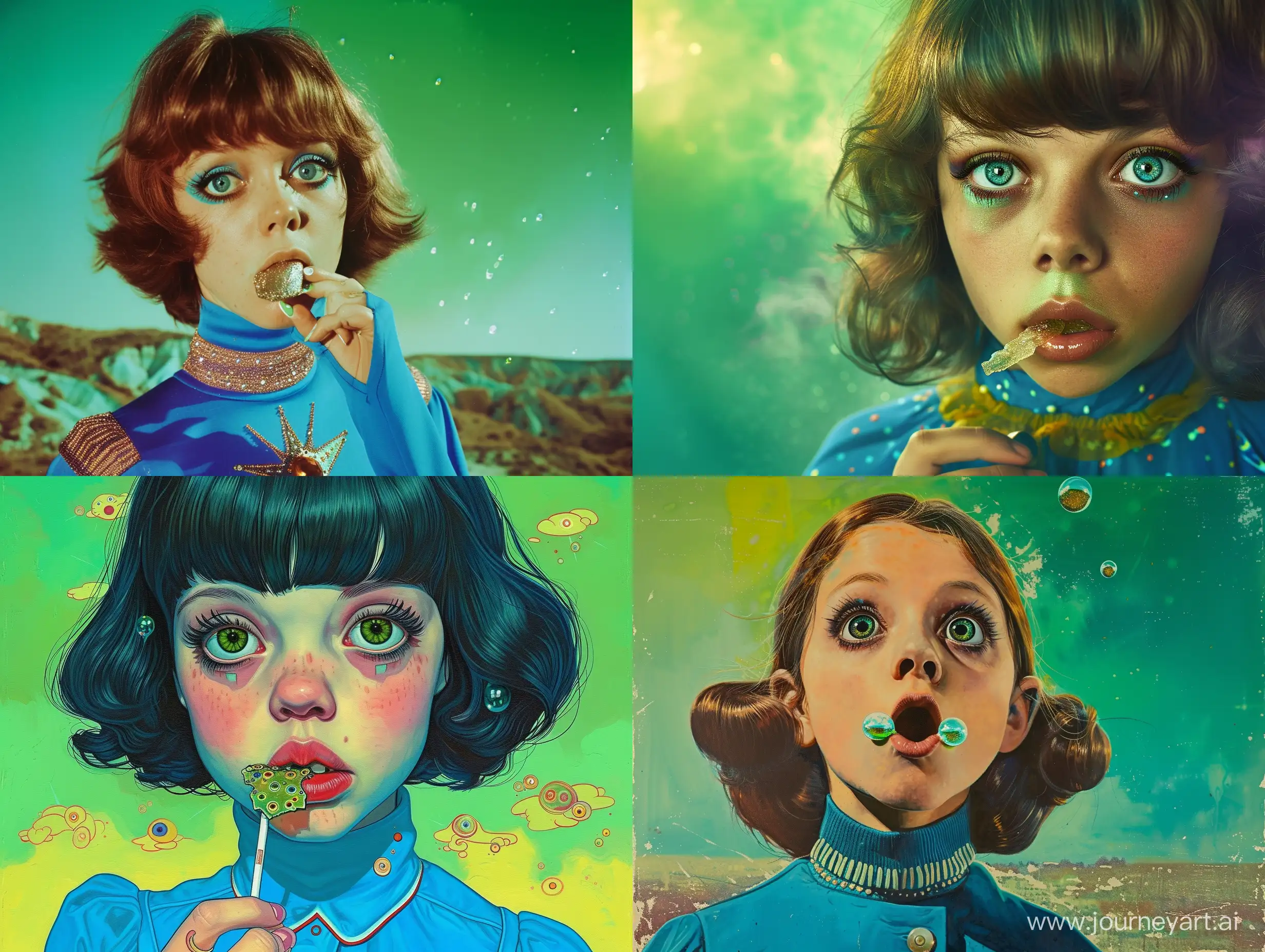 young Grace Slick, having a piece of acid on her tounge, big pupils, green sky, blue clothes, psychedelic background