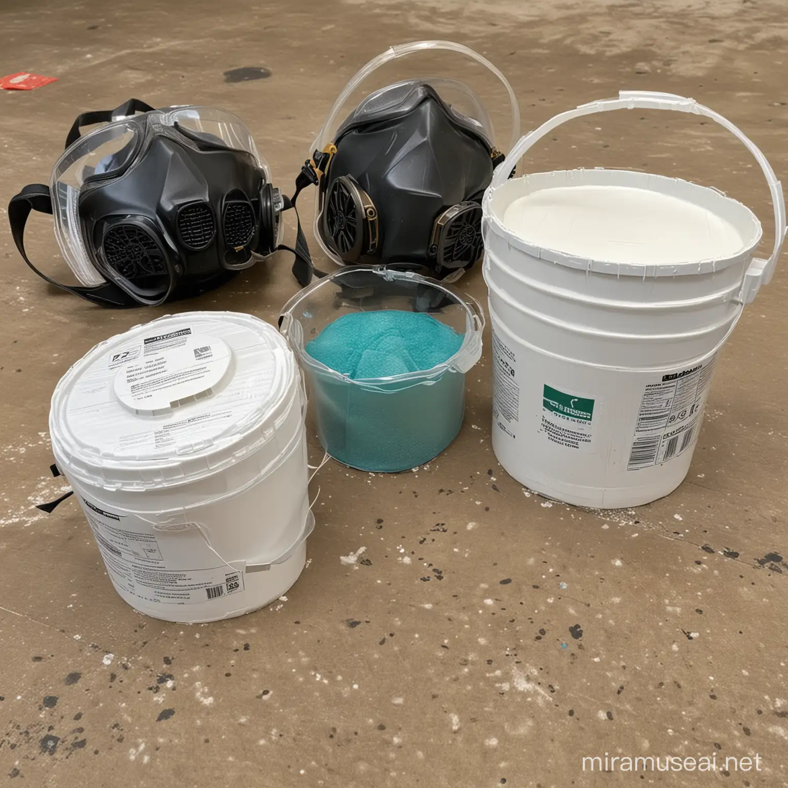 respirator masks next to bucket of resin