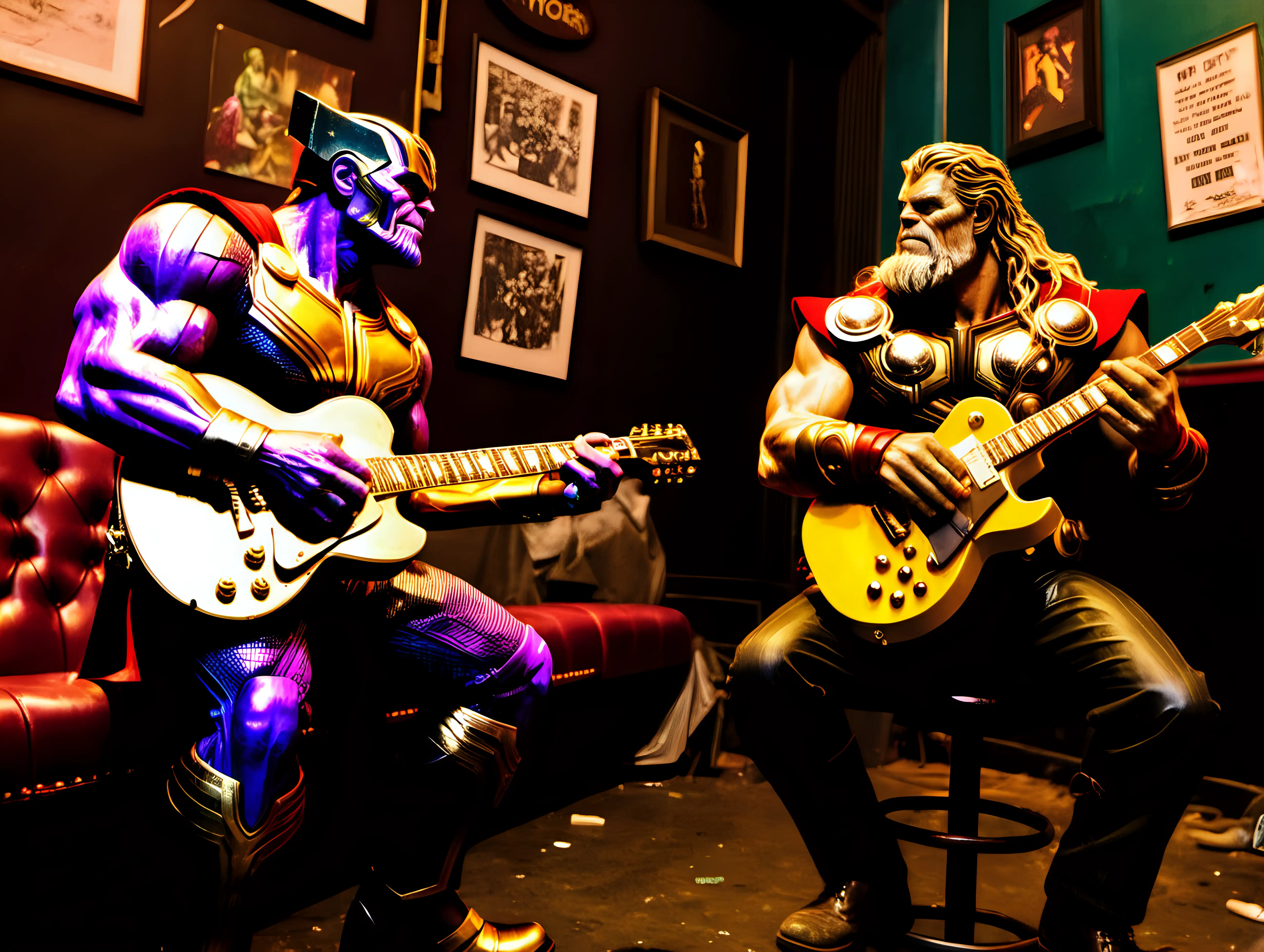  Thanos and Thor playing blues guitar in an old NYC blues club in the bowery