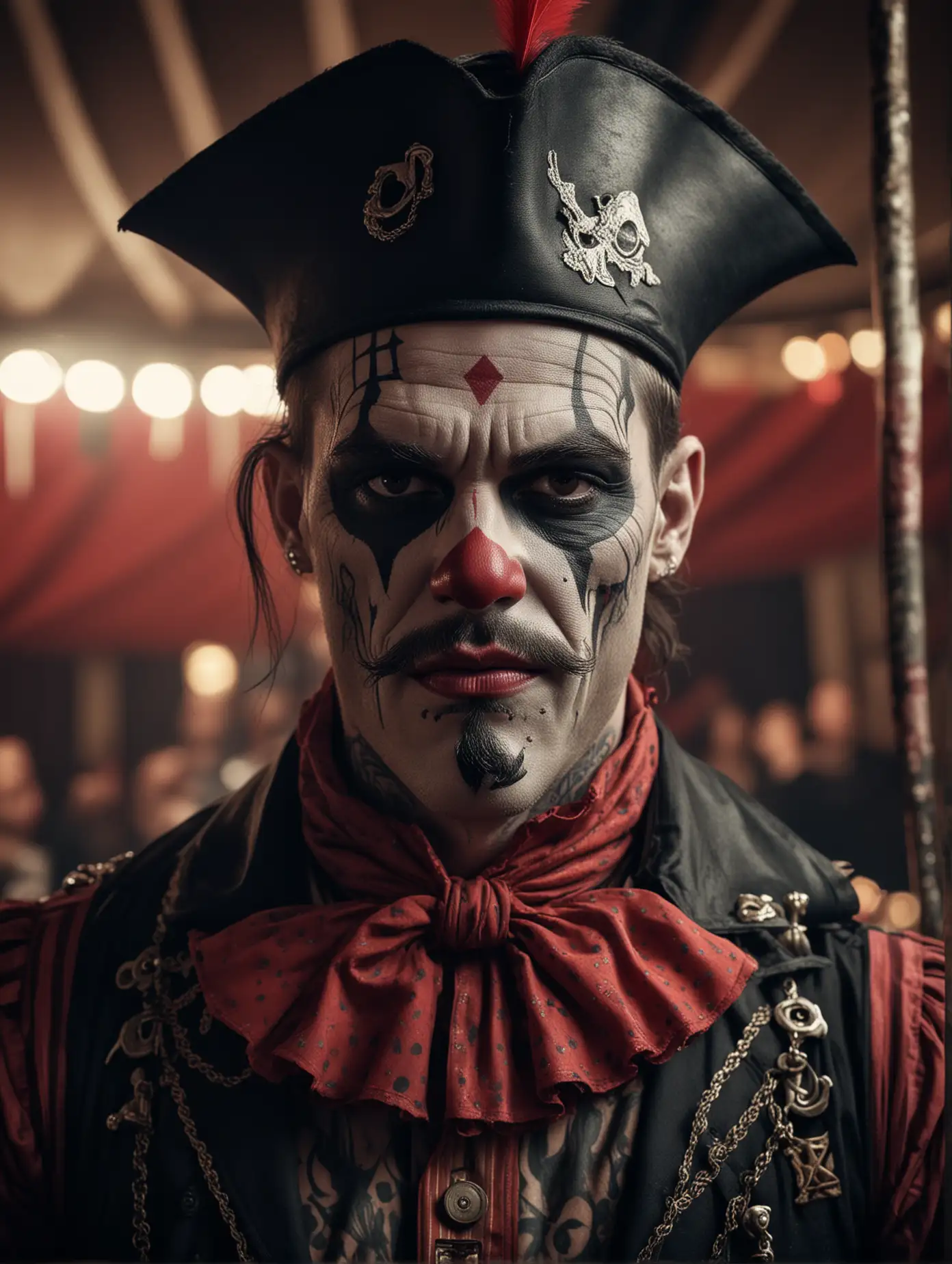 close up upper body portrait, highly detailed, sinister, macabre, circus clown, in the style of a 1960's horror movie, eerie symbolism, sinister dark atmosphere, black and red palette, close up portraiture, well built male, wearing a pirate themed outfit, pirate hat, covered in tattoos, red moustache, inside a circus tent, nature-inspired pieces, circus costumes, ultra details