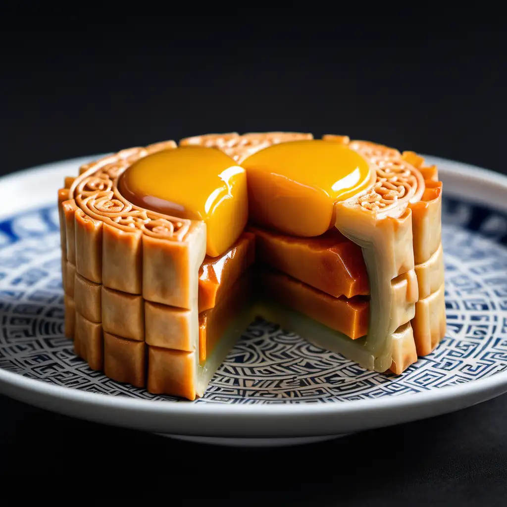 a cut mooncake, a salted yolk inside the mooncake