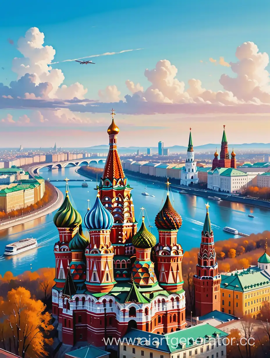 Москва и Владивосток , в стиле картины на холсте, слитые воедино, как один целый город с главными достопримечательностями.Москва на первом плане