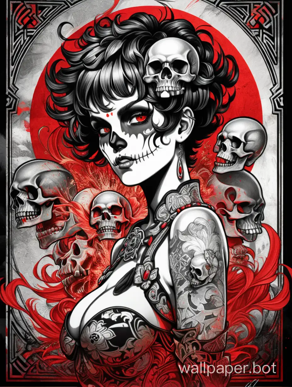 skull venus, burlesque odalisque, front head , sexy crazy face, chaos ornamental, short hair, darkness, explosive hairstyle, assymetrical, chinese poster, torn poster edge, alphonse mucha hiperdetailed, highcontrast, black white red, dramatic tones, explosive dripping colors, 