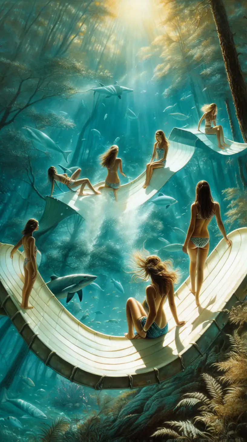 exposure, art by Ko Young Hoon, sunlight, TXAA, collage, VGA, by karol bak, sea, forest, water slides,  glamour, young friends