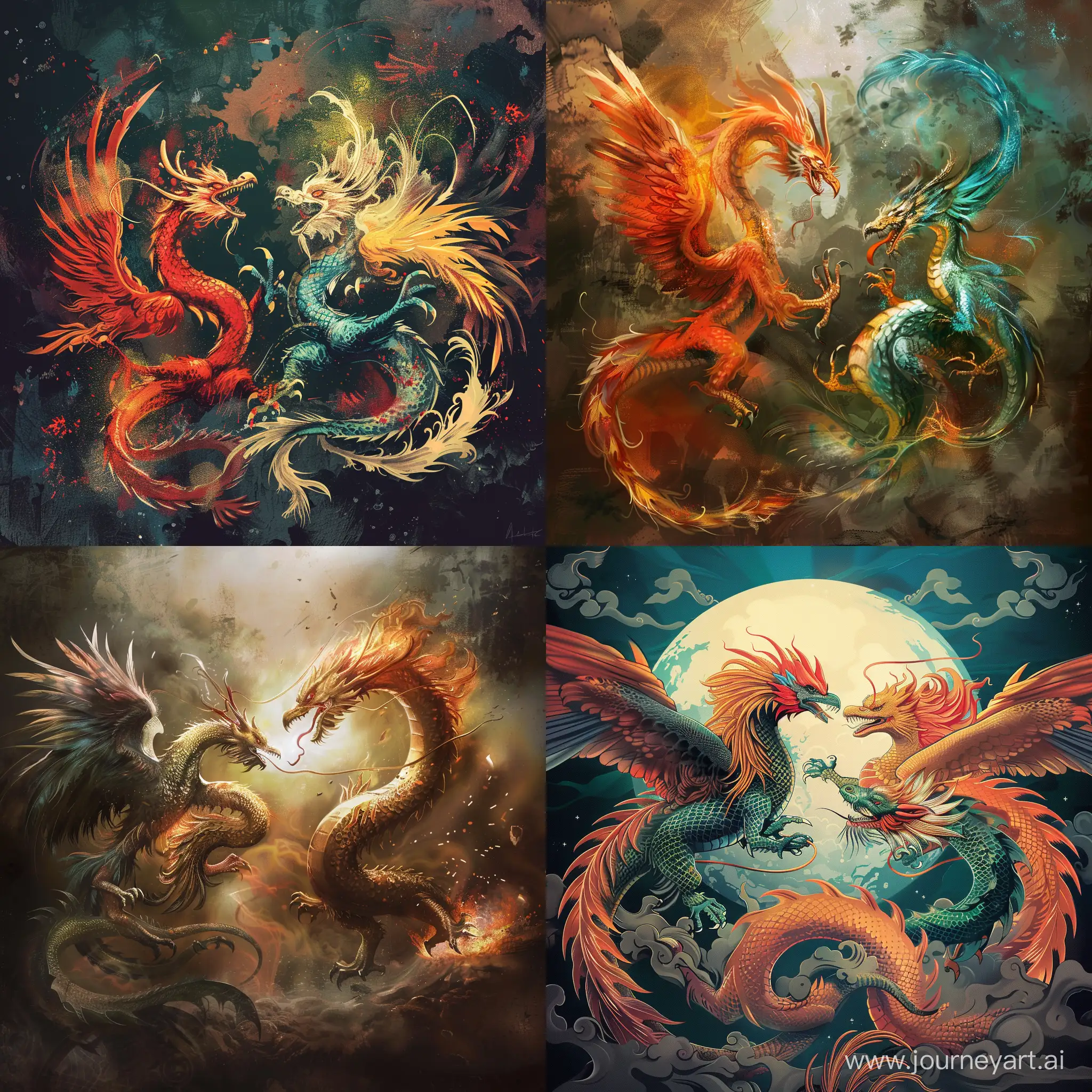 Phoenix fighting Chinese dragon
