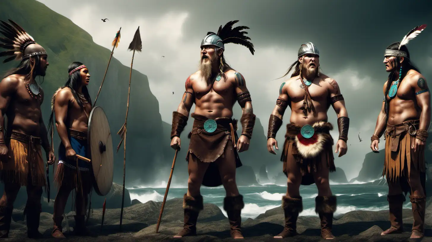 create a vivid, epic image of Vikings meeting native americans for the first time
