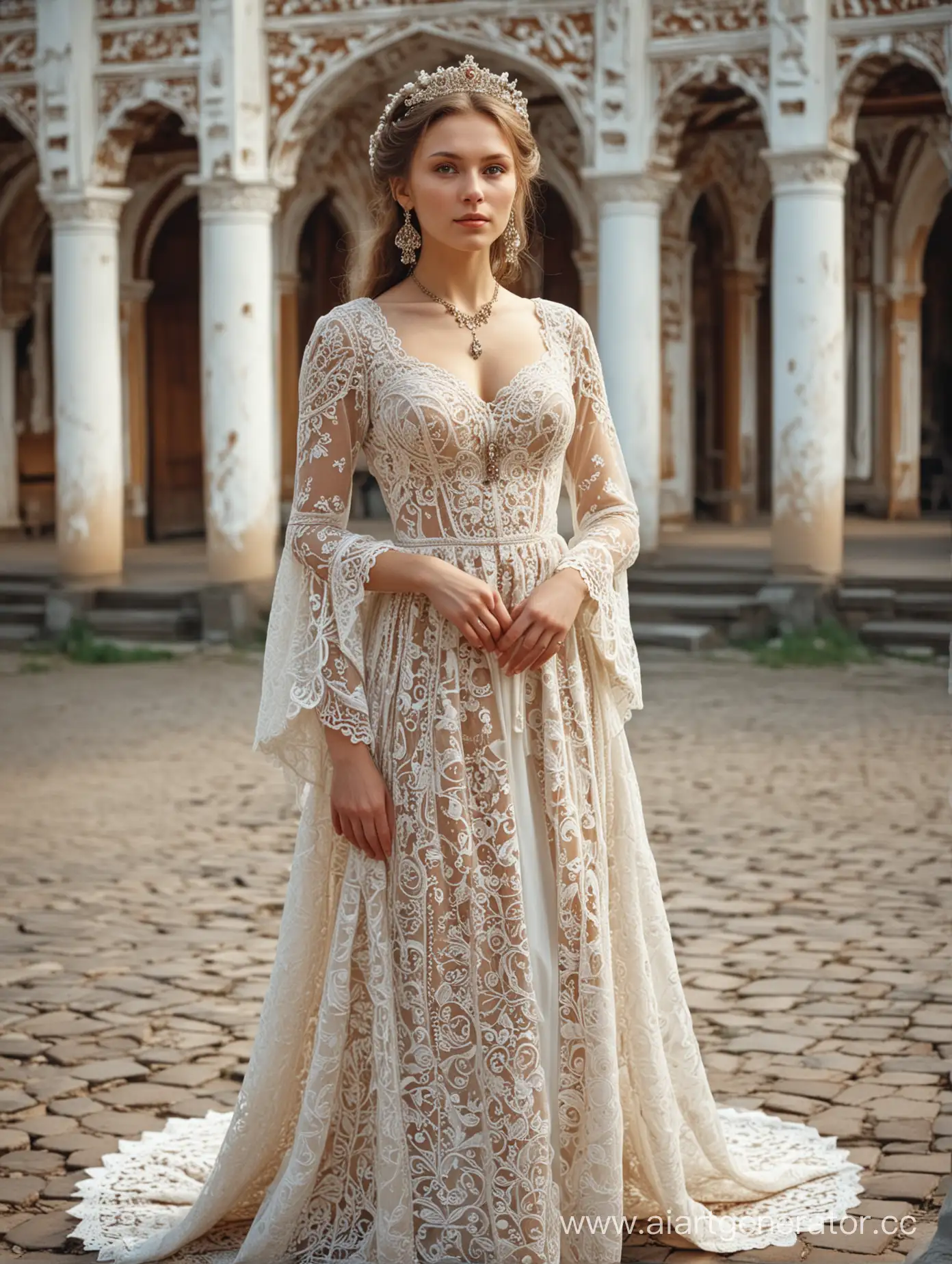 Russian-Beauty-in-Intricate-Lace-Dress-with-Ancient-Town-Background