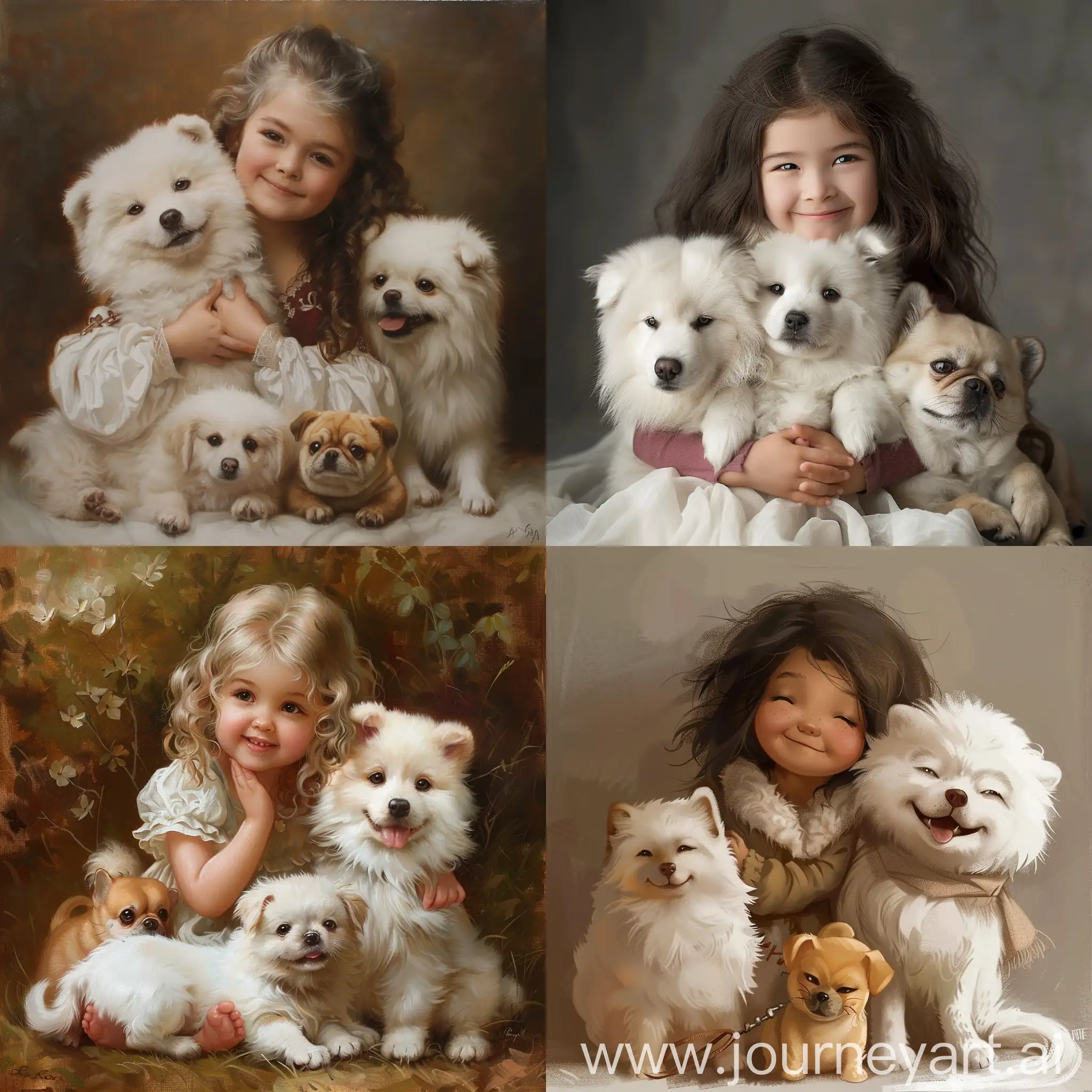 Playful-Little-Girl-with-Samoyed-and-Pekingese-Dogs