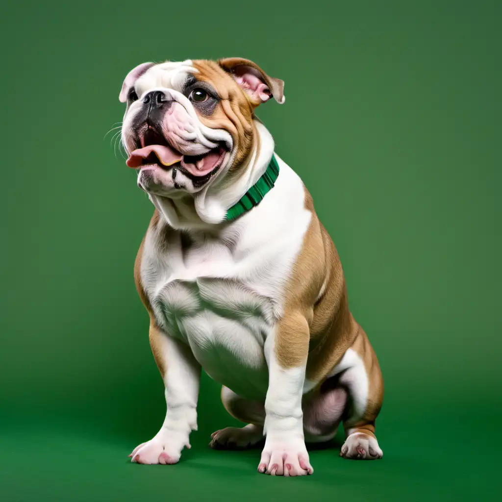 Brown and white english bulldog pposing side on and facing right to left on a solid green background