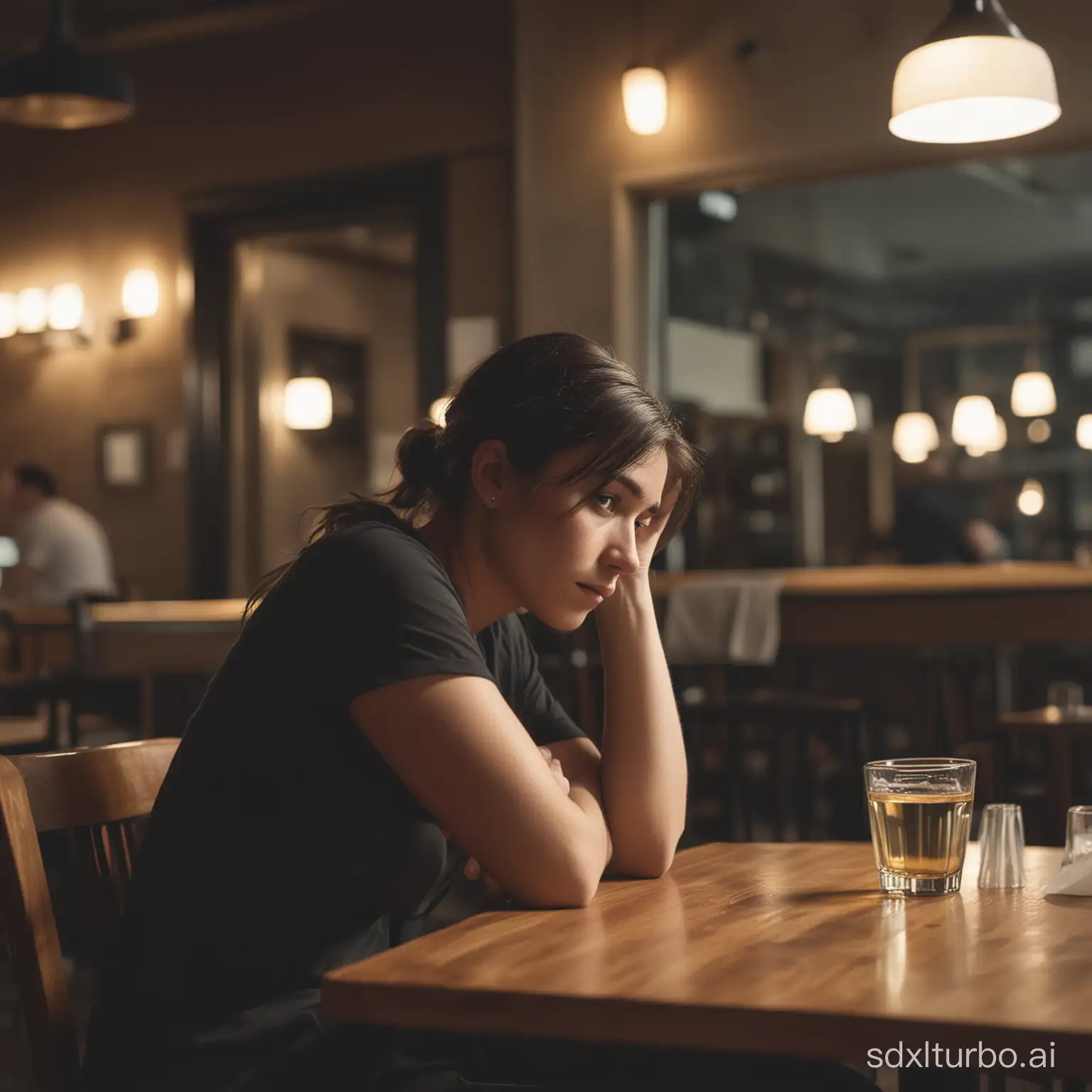 A person sitting at a restaurant, alone, sad, dramatic, close up