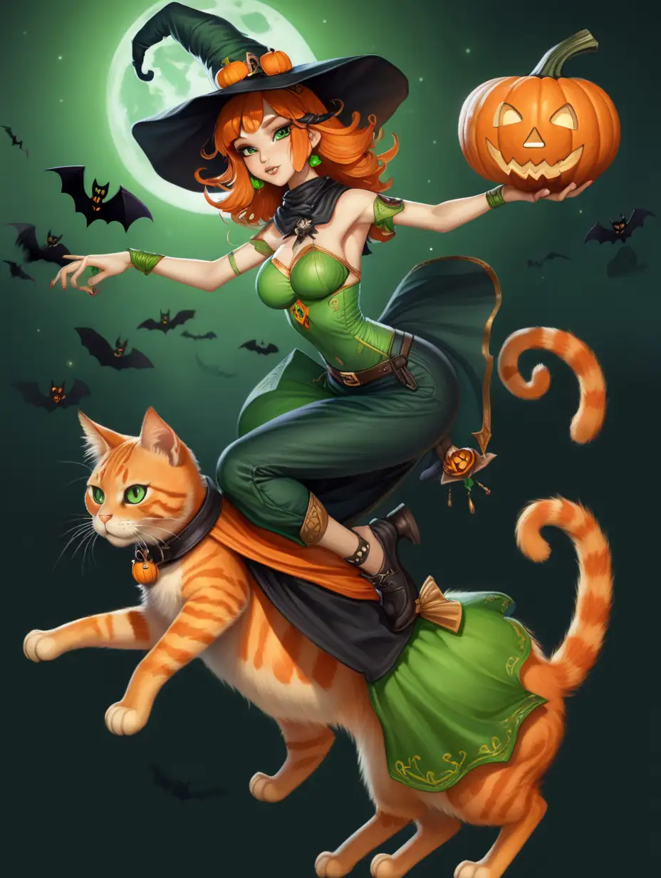 Whimsical Halloween Witch Riding a Cat with Pumpkin Hat