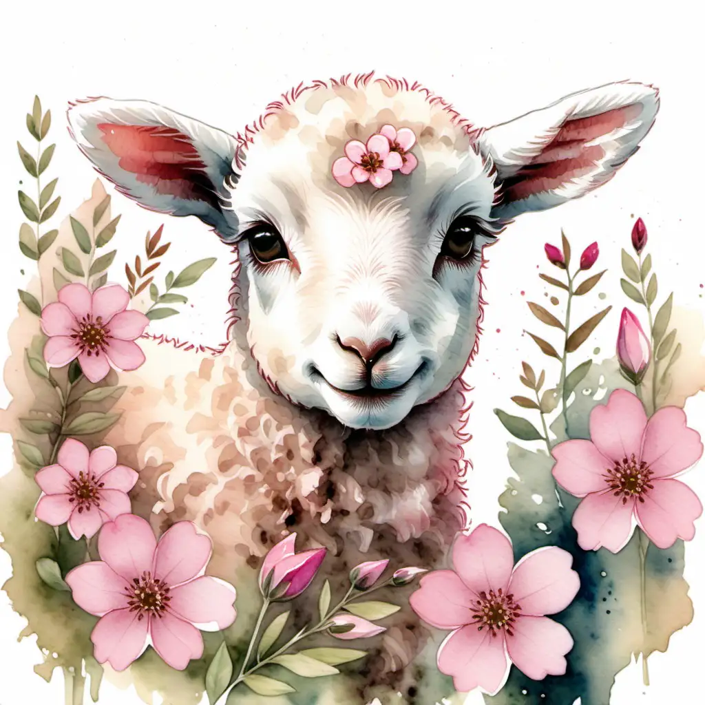Graceful Lamb Surrounded by Pink Flowers in Watercolor