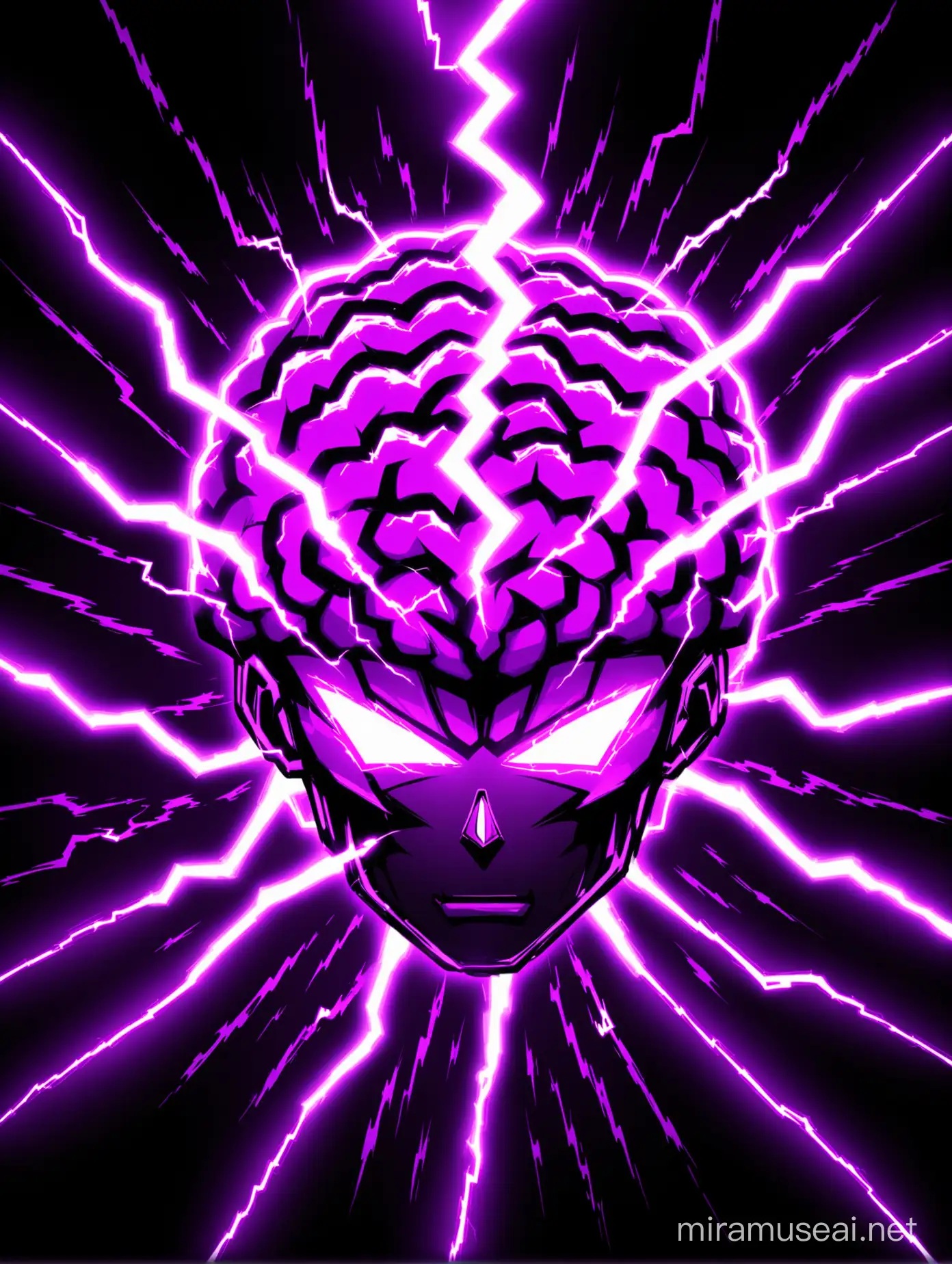 Vibrant Neon Purple Lightning Brain Illuminated in Dark Background
