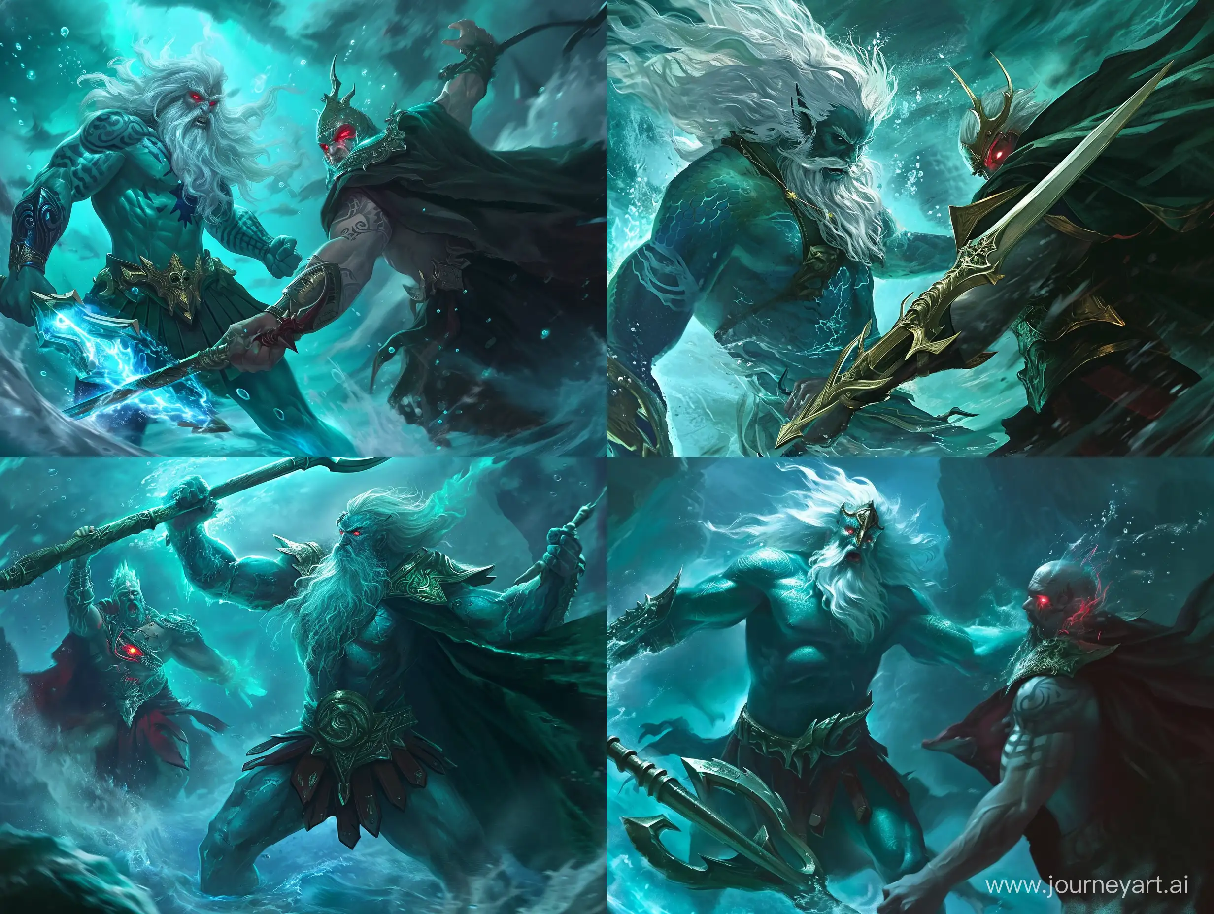 Poseidon in undersea environment clashing with Hades. Poseidon is wilding his signature Trident and Hades his Sword of Hades. Poseidon has blue green teal skin tone with whiteish hair with long beard. Hades is wearing cape from underneath only his red eyes are shining. --v 6 --ar 4:3