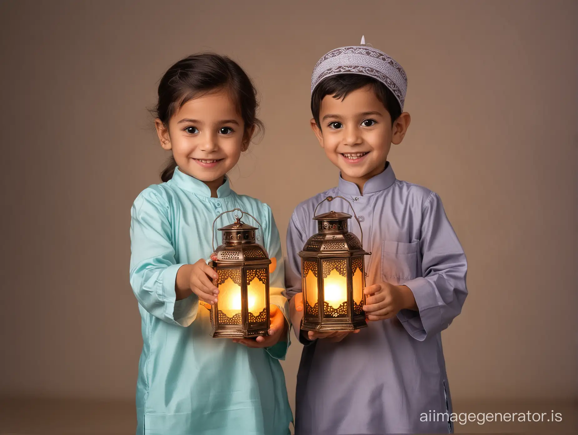 little  Girl and boy  Holding a Traditional Ramadan Lantern