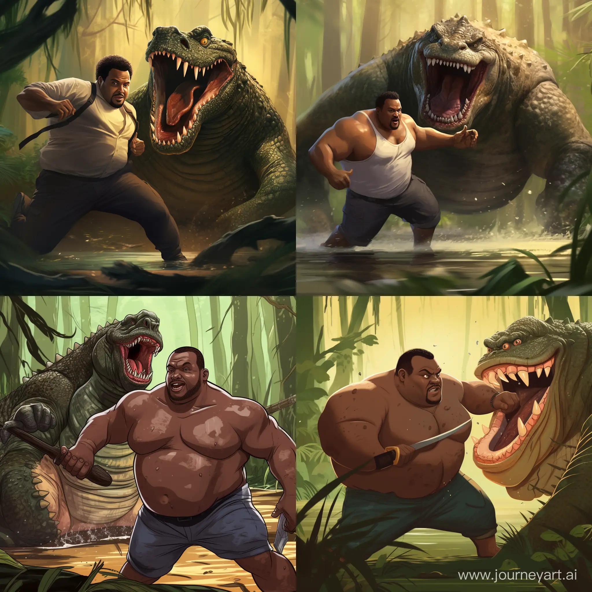 Brave-Encounter-Stout-Man-Wrestling-a-Crocodile-in-the-Swamp