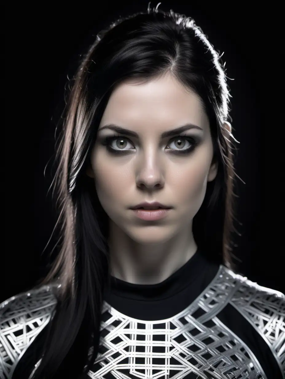 Portrait of the upper body and face of a 28 year old woman with white eyes.
White skin.
Black straight hair.
Wearing black blouse under armor with intricate silver pattern woven into it.
Aggressive look on face.
Black background in image.