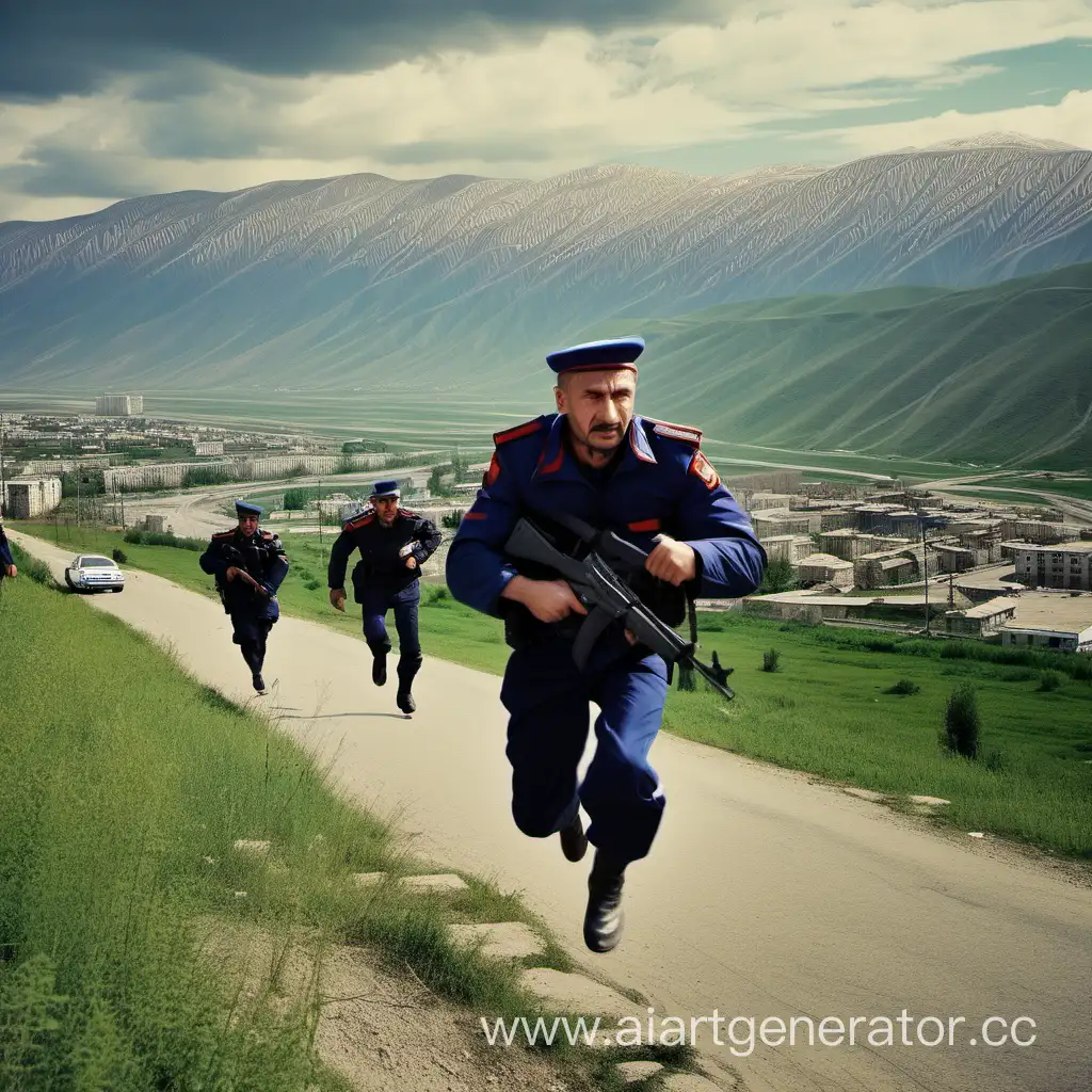 russian man in dagestan, being pursued by police, north caucasian scenery
