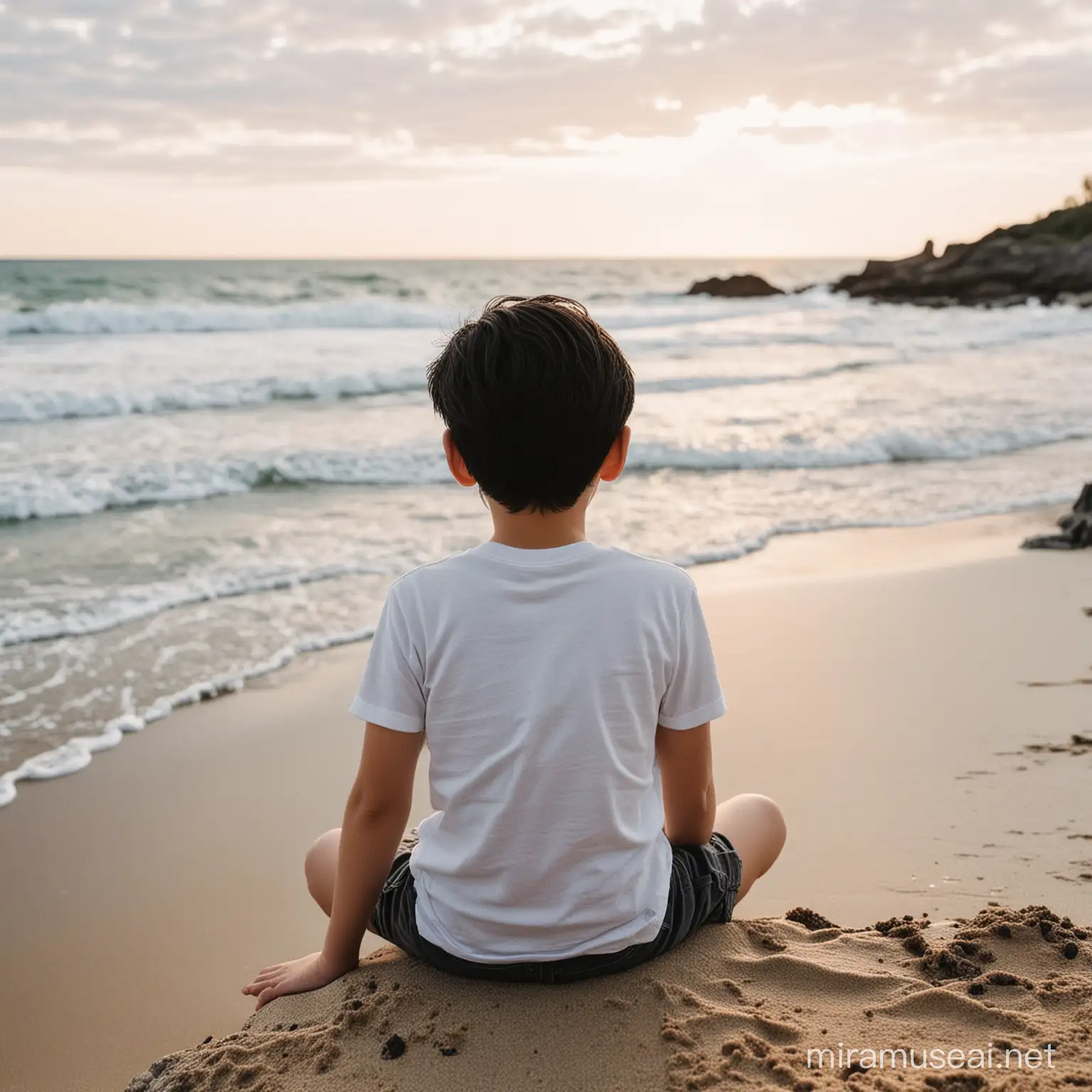 Um menino branco,de cabelos pretos,10 anos,sentado na praia,de costas,olhando pro oceano,ele está sentado de costas olhando para o oceano