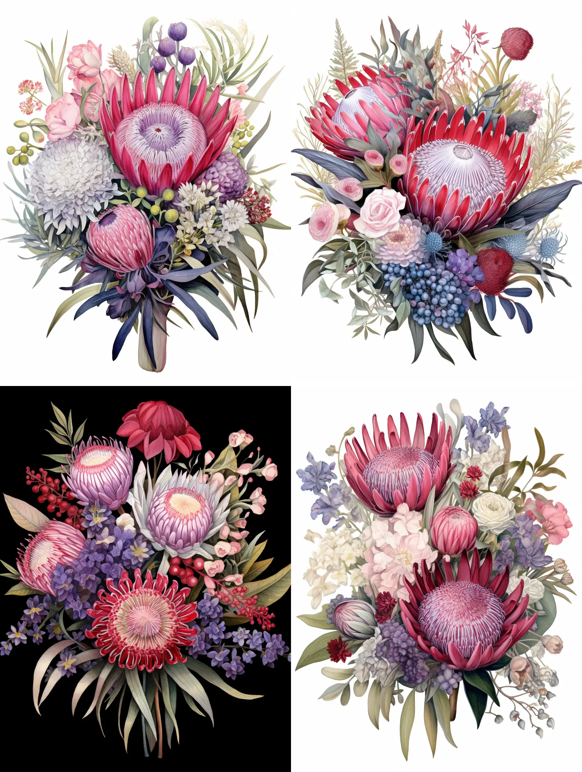 A lush and meticulously detailed botanical illustration of a bouquet, showcasing the rich flora of Australia. The arrangement includes the striking red waratah at the heart, surrounded by delicate flannel flowers, clusters of pink waxflowers, and the intricate foliage of eucalyptus. The vivid blue of the desert bluebell and the soft purples of the native iris add a touch of coolness, contrasting with the warm undertones of the red kangaroo paw and the golden wattle blooms. This composition is set against a gentle cream background, enhancing the natural elegance of the flowers, with a style reminiscent of vintage botanical art, capturing the essence of each species in fine, textured detail