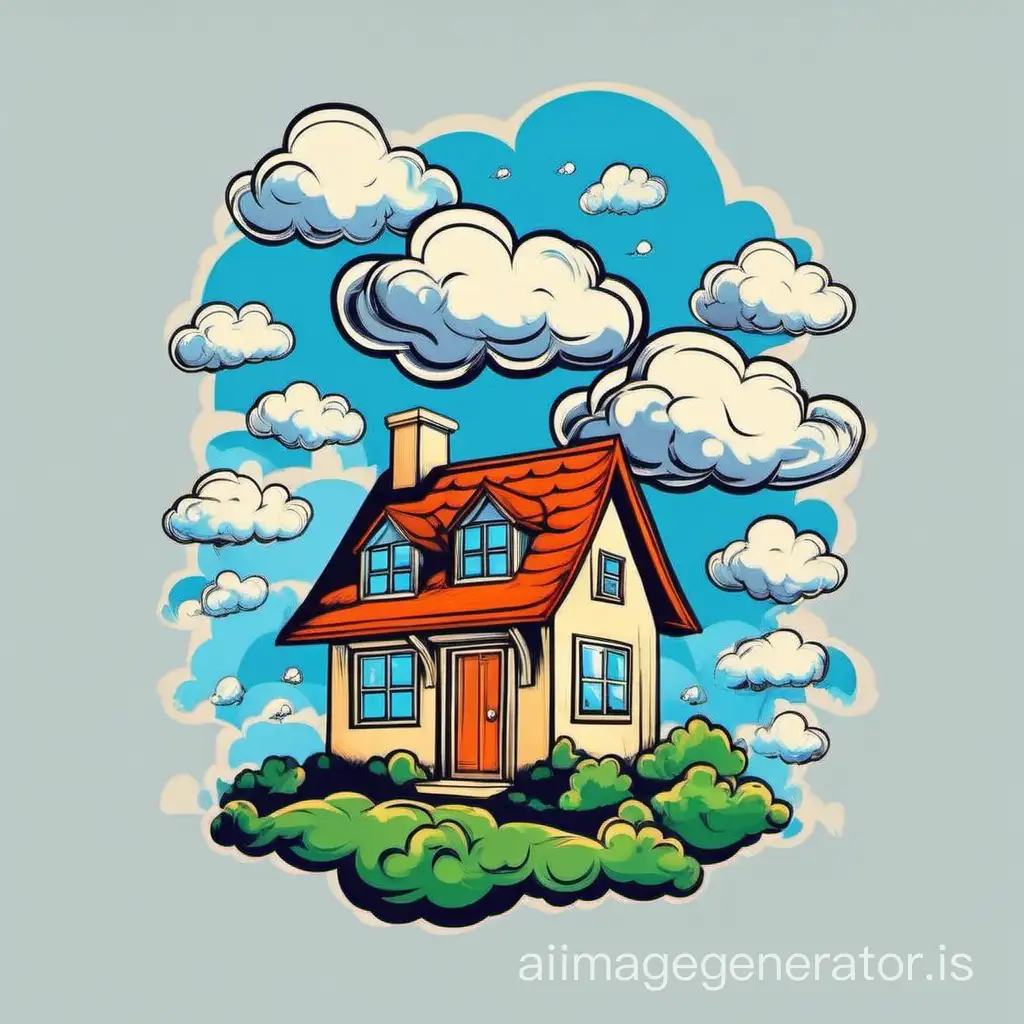 Print on a T-shirt, a house with clouds in a cartoon style